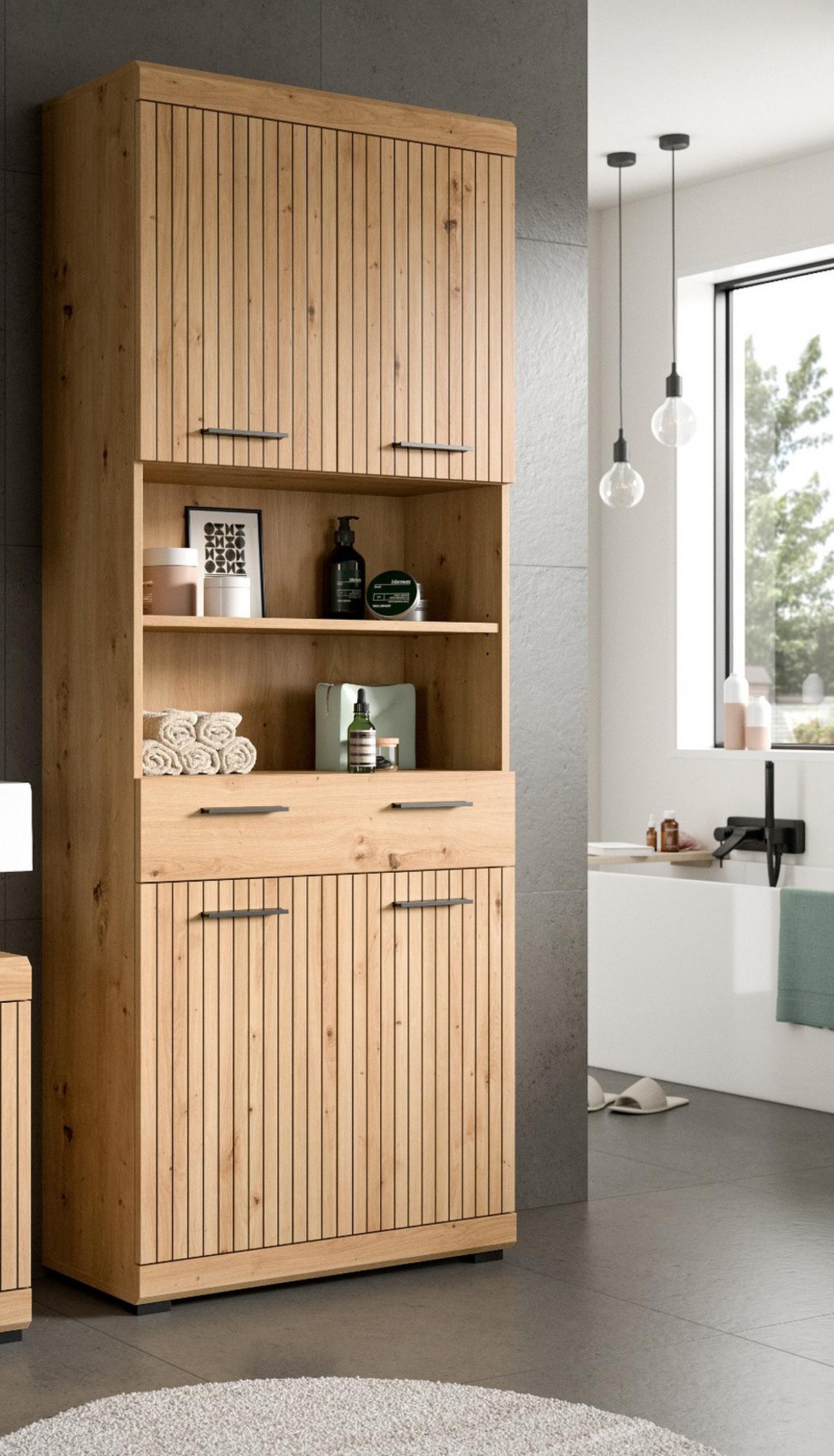 HOCHSCHRANK Eiche Artisan 74 x 191 cm, Badschrank in modernem Design - Schwarz/Eiche Artisan, Holzwerkstoff/Kunststoff (74/191/31cm) - Inn.Furn