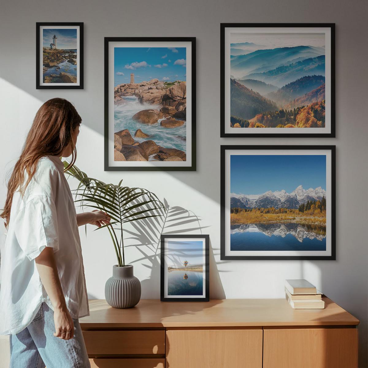 BILDER SET 5er Set - 50x50 cm & 20x30 cm & 40x60 cm Schwarzer Rahmen - Ausblicke auf die Natur, Leuchtturm, Berge - Schwarz, Kunststoff (40/60cm) - TULUP