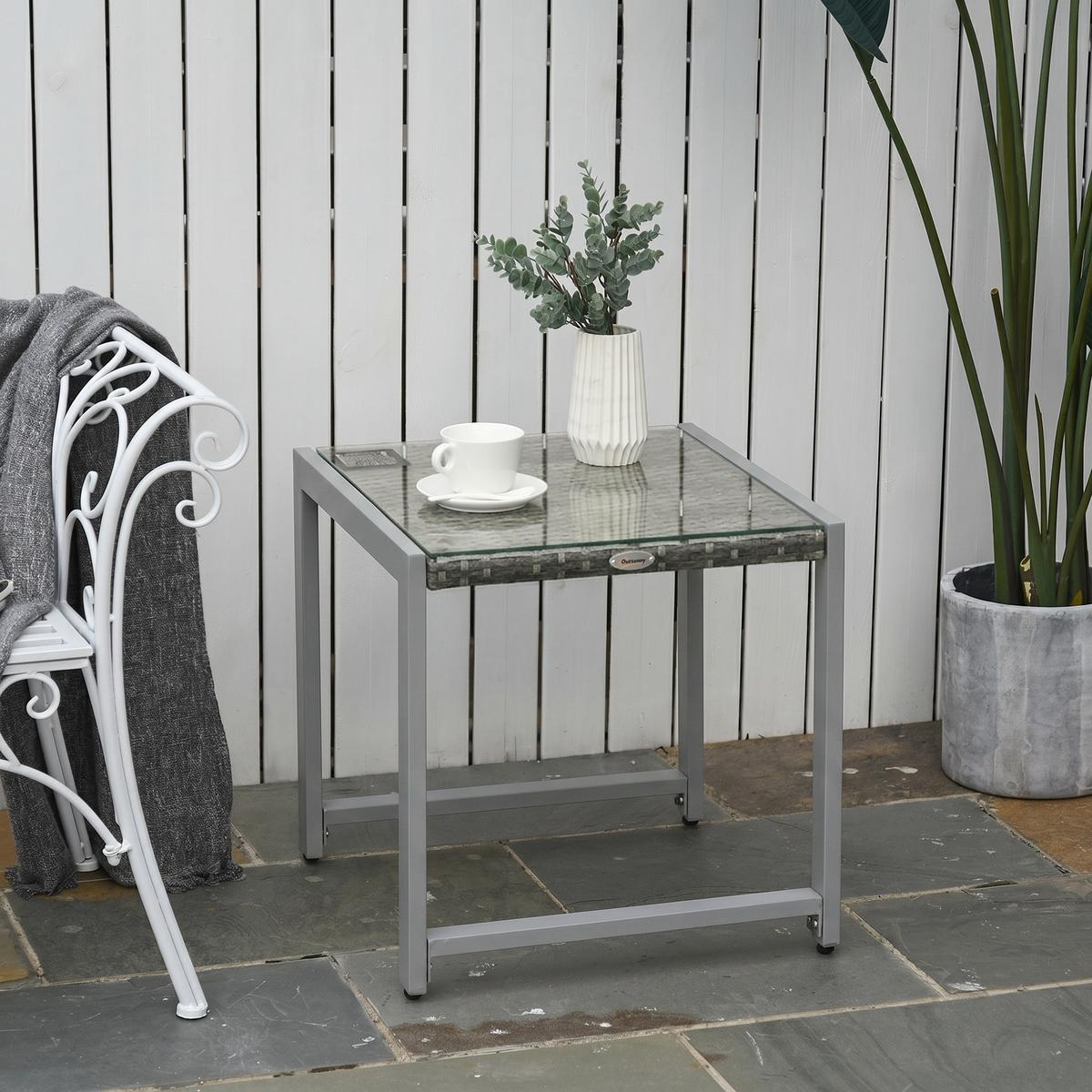 CARTENTISCH, Grau, Polyrattan, Aluminium, Hartglas - Grau, Kunststoff (50/495/50cm) - Outsunny