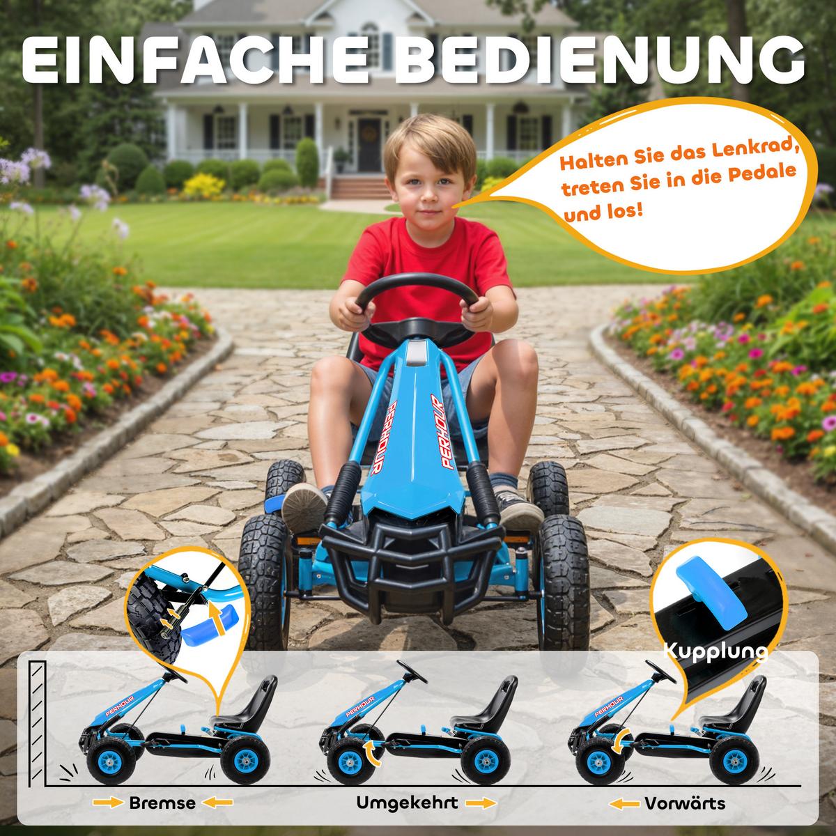 GOKART, Tretauto mit Handbremse, verstellbarem Sitz, Vor- und Rückwärtsgang - Blau, Metall (110/61/62cm) - AIYAPLAY