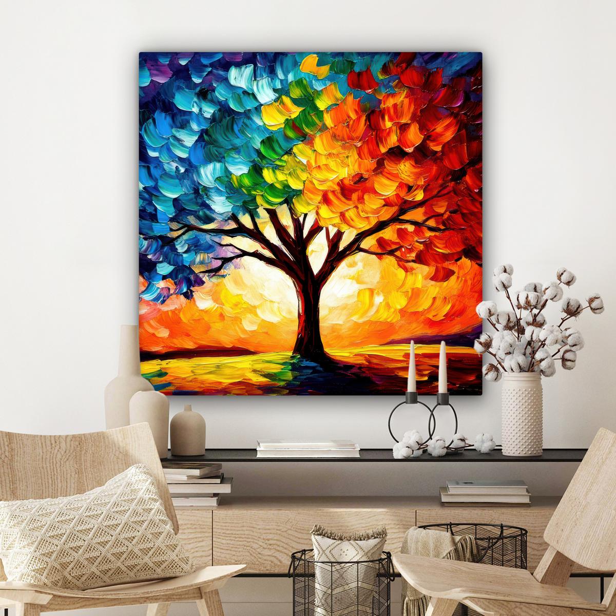 LEINWANDBILD Baum - Kunst - Natur - Sonnenuntergang Deko Groß 90x90 cm - Multicolor, Textil (90/90cm) - MuchoWow