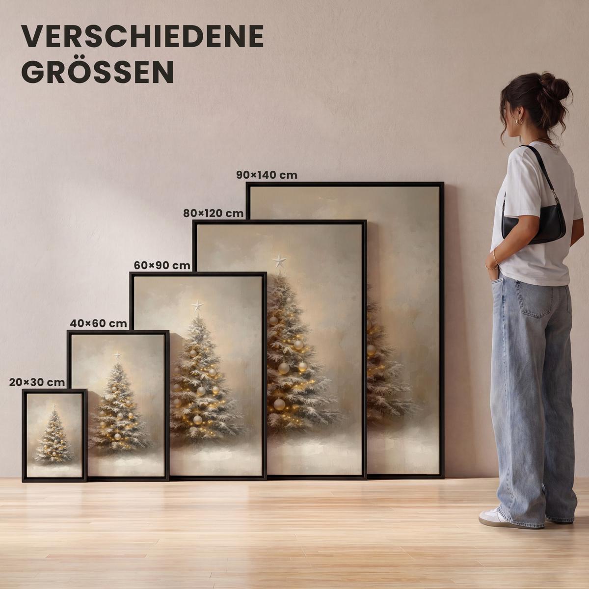 LEINWAND Bilder mit Rahmen - Weihnachten - Weihnachtsbaum - Schnee - Kunst - 40x60 - Champagner, Textil (40/60cm) - MuchoWow
