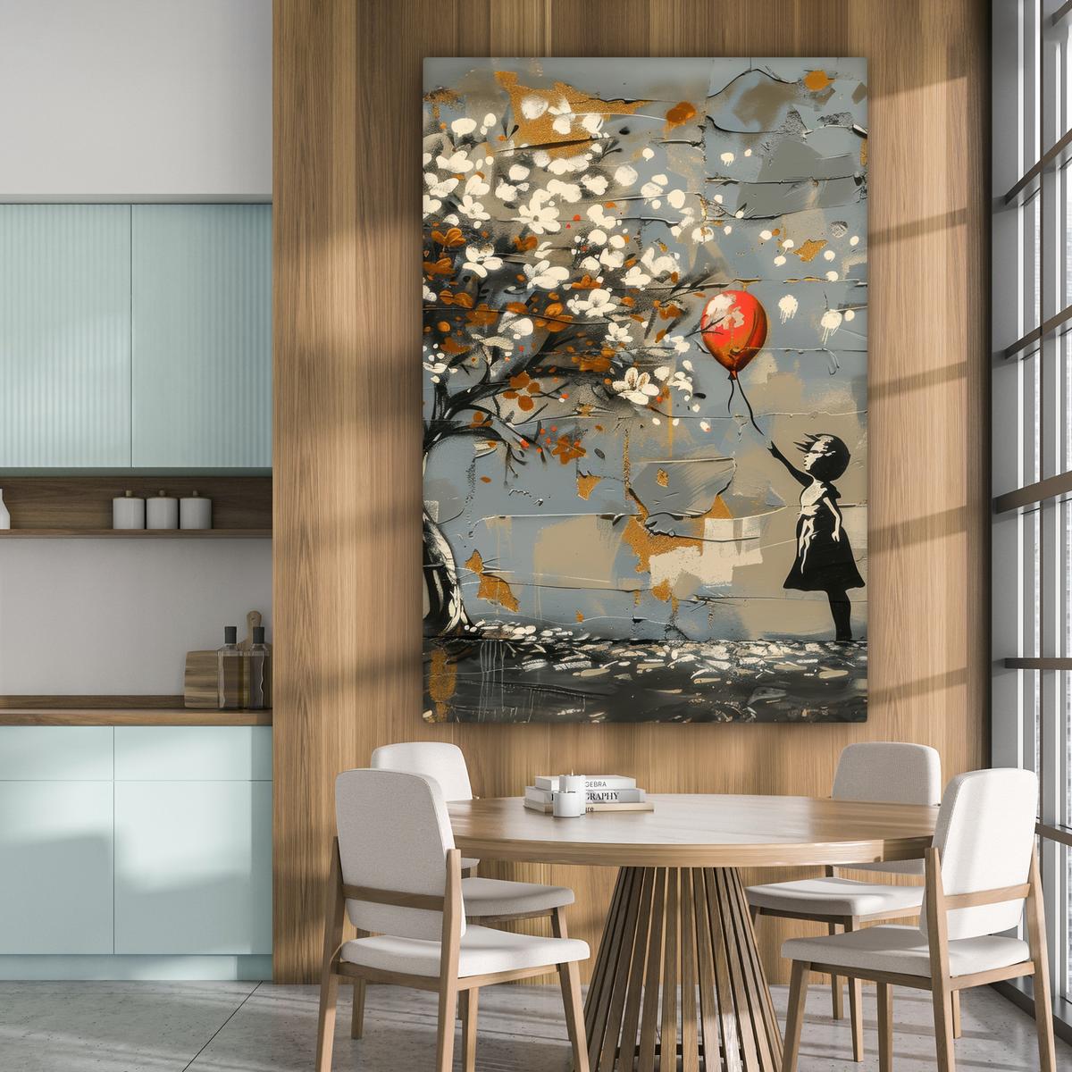 LEINWANDBILD Baum - Graffiti - Banksy-Stil - Ballon-Mädchen Deko Groß 90x140 cm - Blaugrau, Textil (90/140cm) - MuchoWow