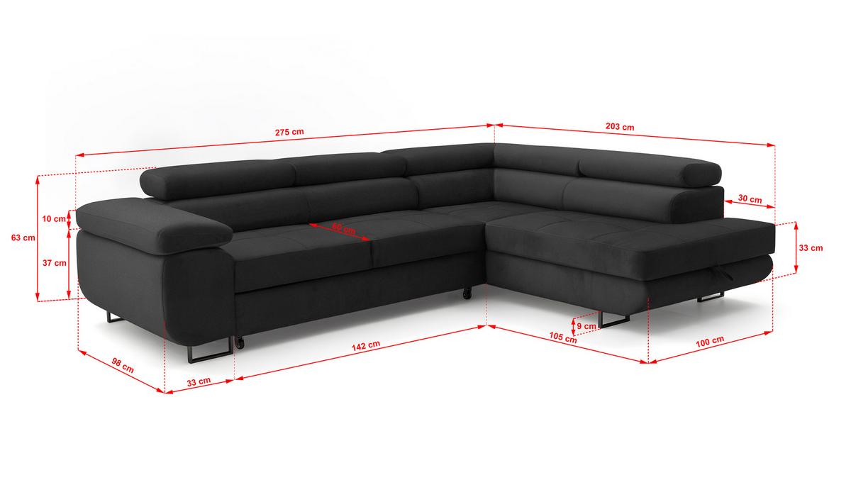 ECKSOFA Velmo mit Bettkasten und Schlaffunktion, verstellbaren Kopfstützen, in L-Form - Dunkelgrau, Textil (275/203cm)