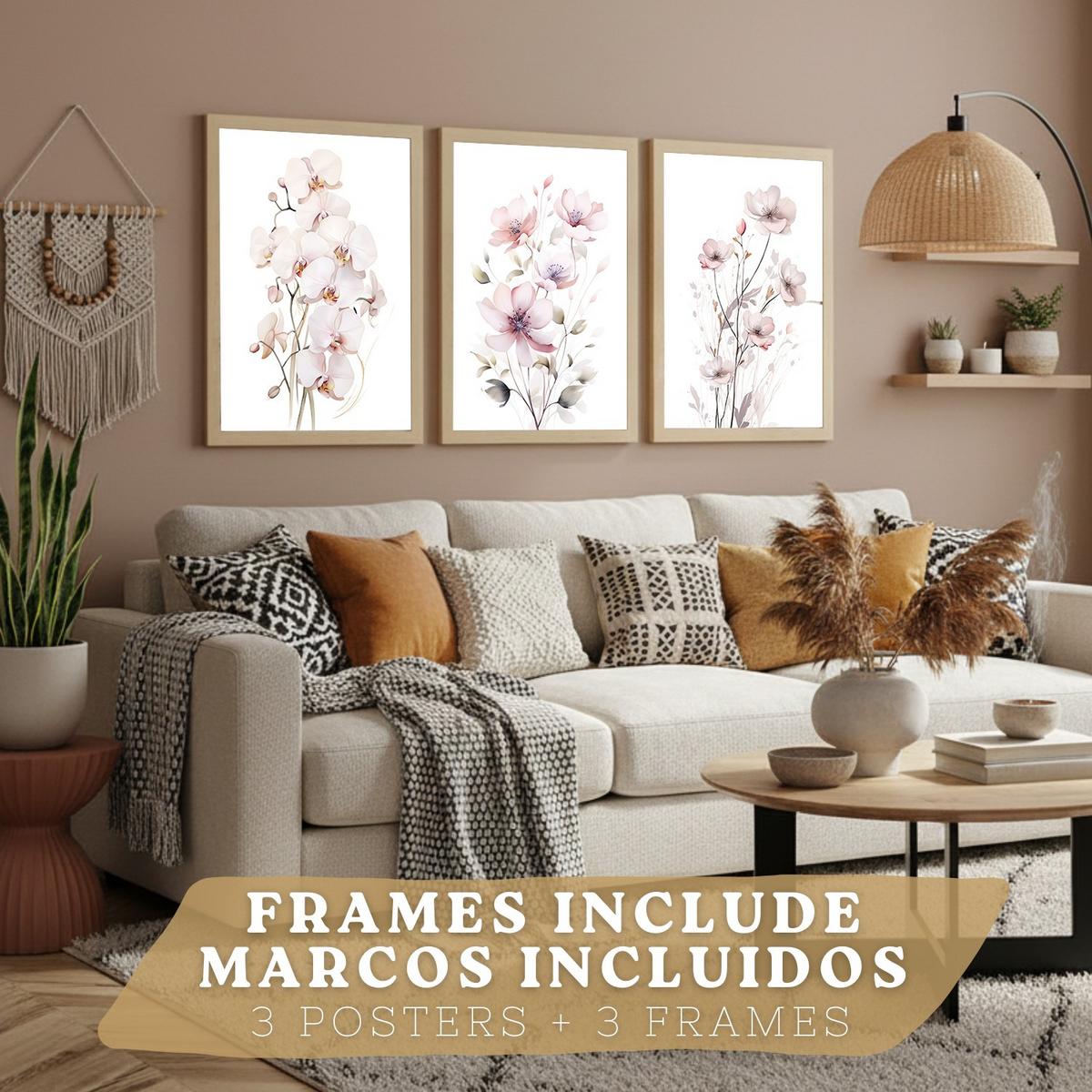 POSTER 3er-Set Wandbilder Orchidee Rosa modern Wohnzimmer Deko, Schlafzimmer, Küche, Badezimmer Rahmenlos A4 - Beige, Papier (29.7/1/21cm) - Nacnic