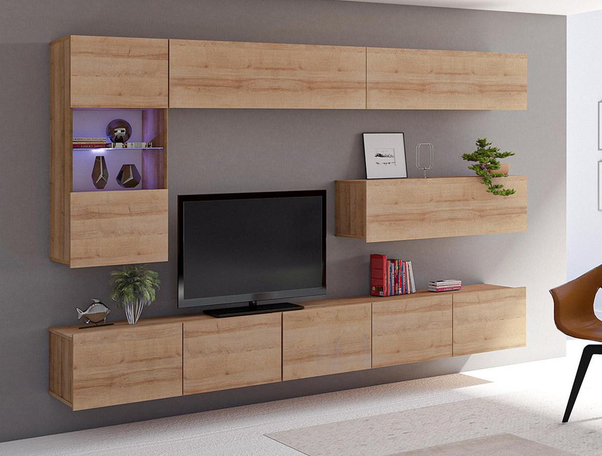 WOHNWAND Kossana 4 Modern Goldene Eiche 255/142/43 cm Stauraumwunder - Hellbraun, Holzwerkstoff/Kunststoff (255/142/43cm) - AX Living