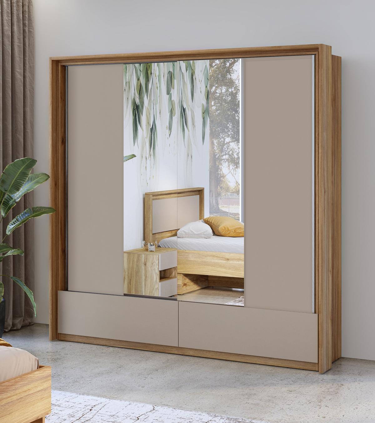 SCHWEBETÜRENSCHRANK PRESARO 209,1/219/62,9 cm 2-türig mit Spiegel Eiche Mauvella - Eichefarben/Beige, Holzwerkstoff (209.1/219/62.9cm) - MASSENO