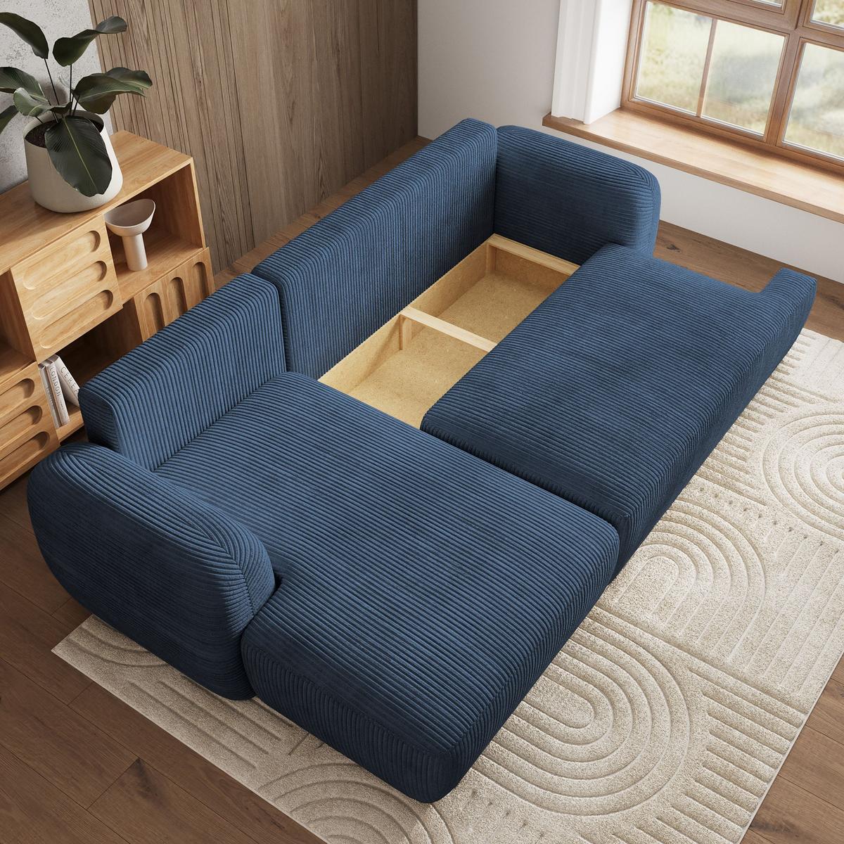 ECKSOFA MODENZA P L-S Blau Kordstoff mit Schlaffunktion - Blau/Schwarz, Holz/Kunststoff (266/148cm) - MASSENO