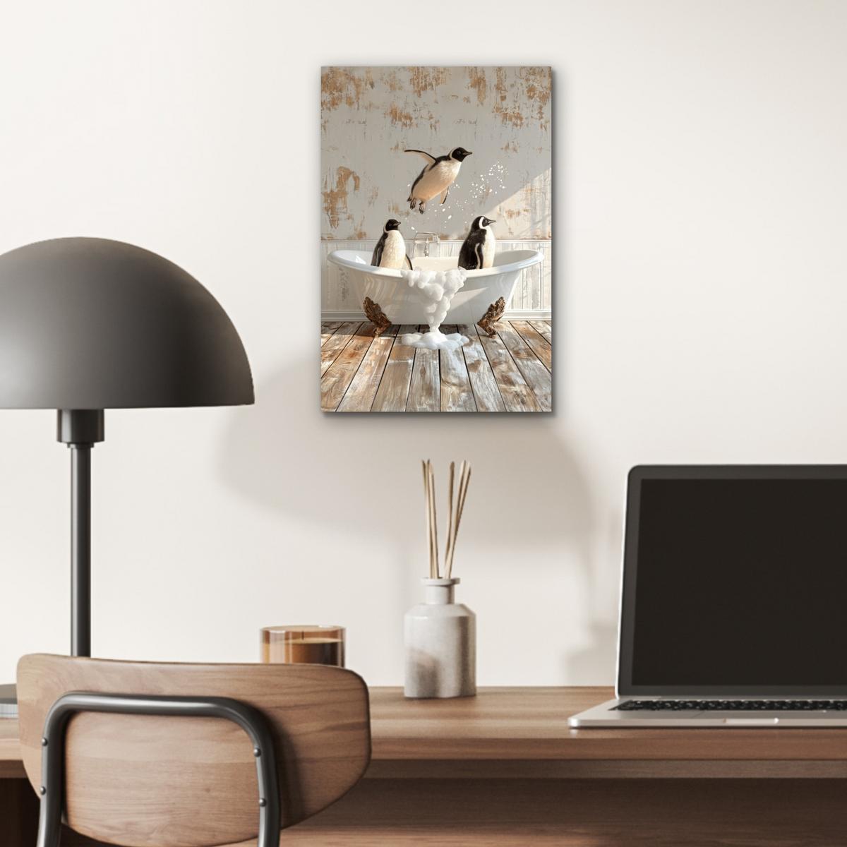 METALLBILD Vintage - Pinguin - Badewanne - Schaumstoff 20x30 cm - Schwarz, Metall (20/30cm) - MuchoWow