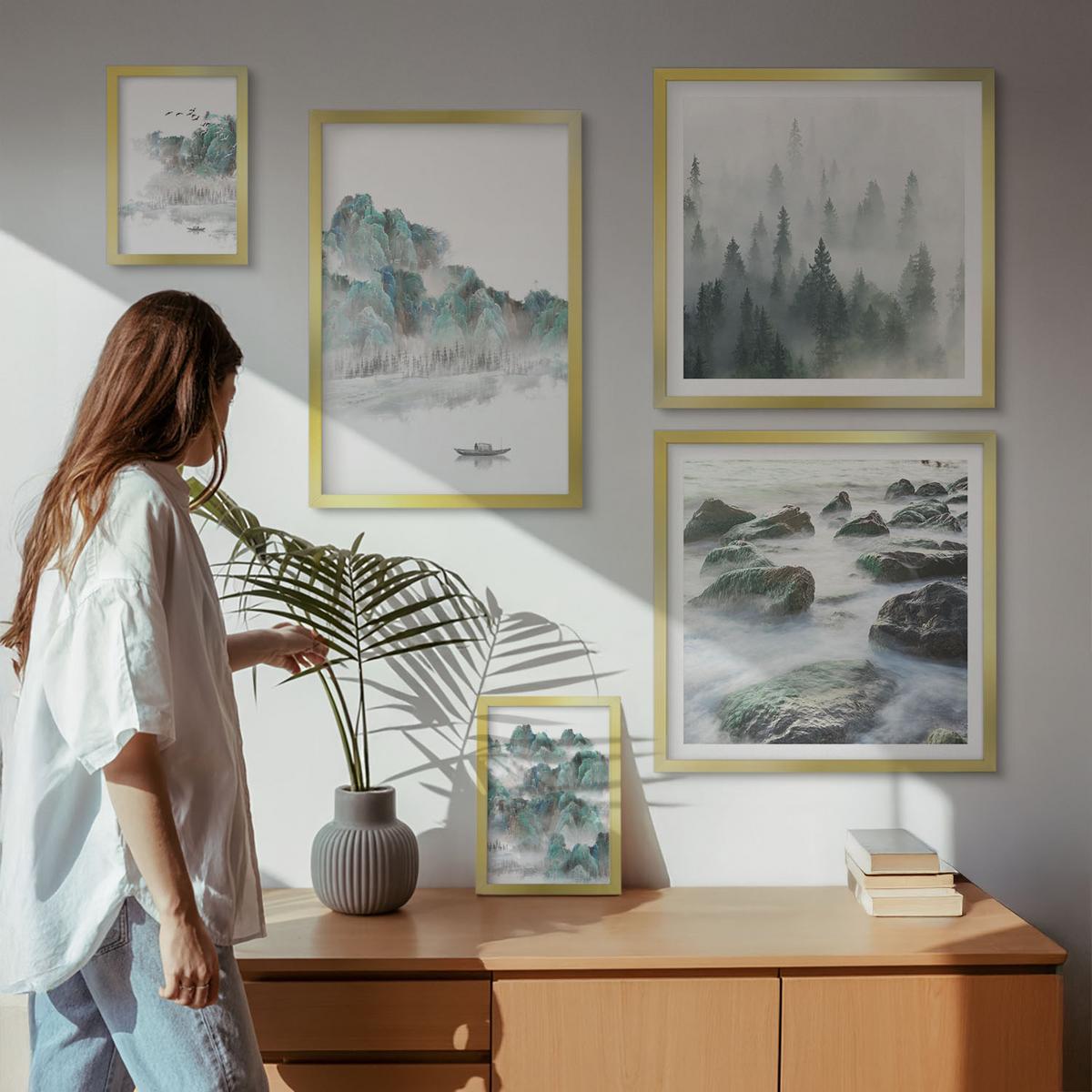 BILDER SET 5er Set - 50x50 cm & 20x30 cm & 40x60 cm Goldrahmen - Sommerwiesenblumen Sonnenuntergang - Goldfarben, Kunststoff (40/60cm) - TULUP