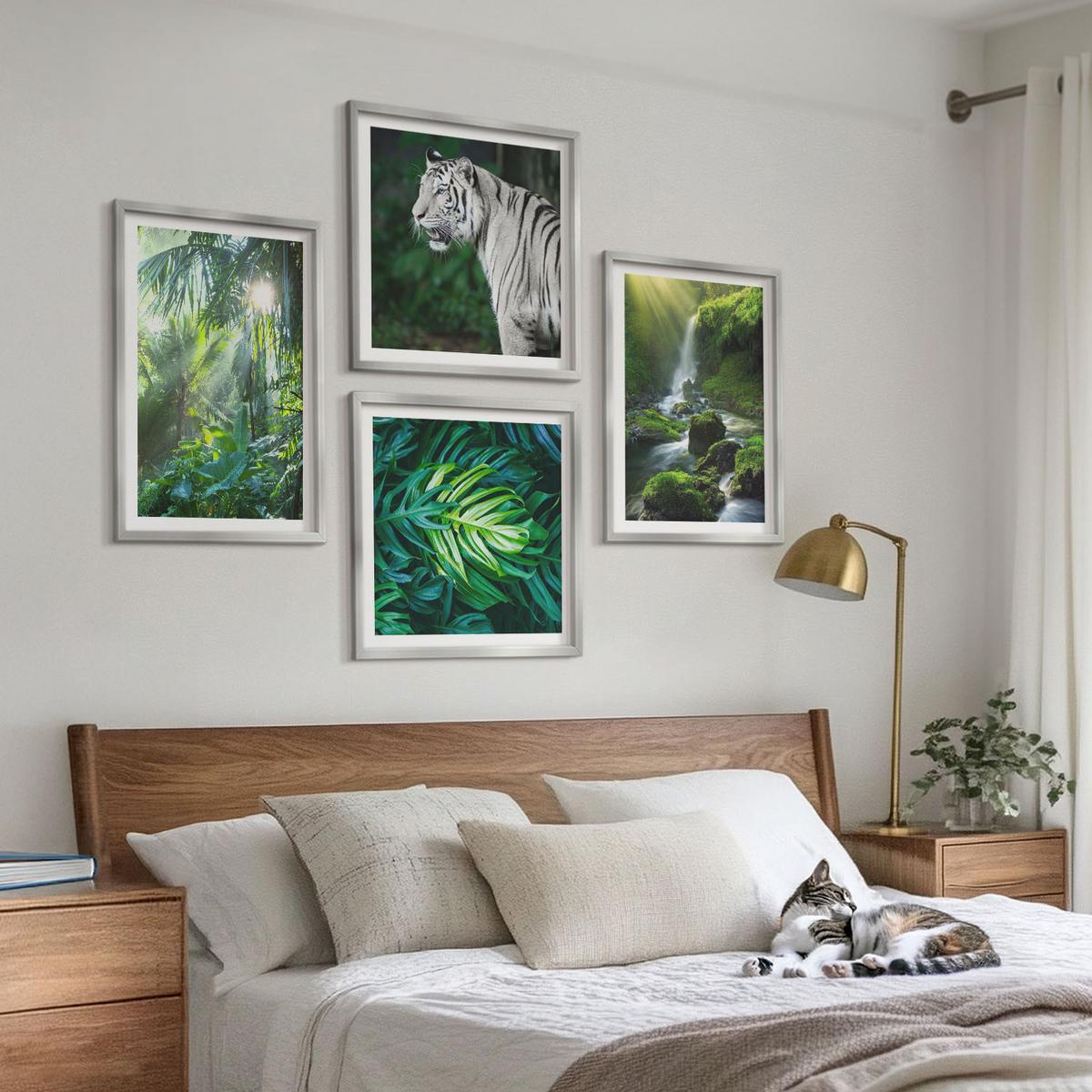 BILDER SET 4er Set - 50x50 cm & 40x60 cm Silberner Rahmen - Dschungel-Weißtiger-Wasserfall - Silberfarben, Kunststoff (50/50cm) - TULUP