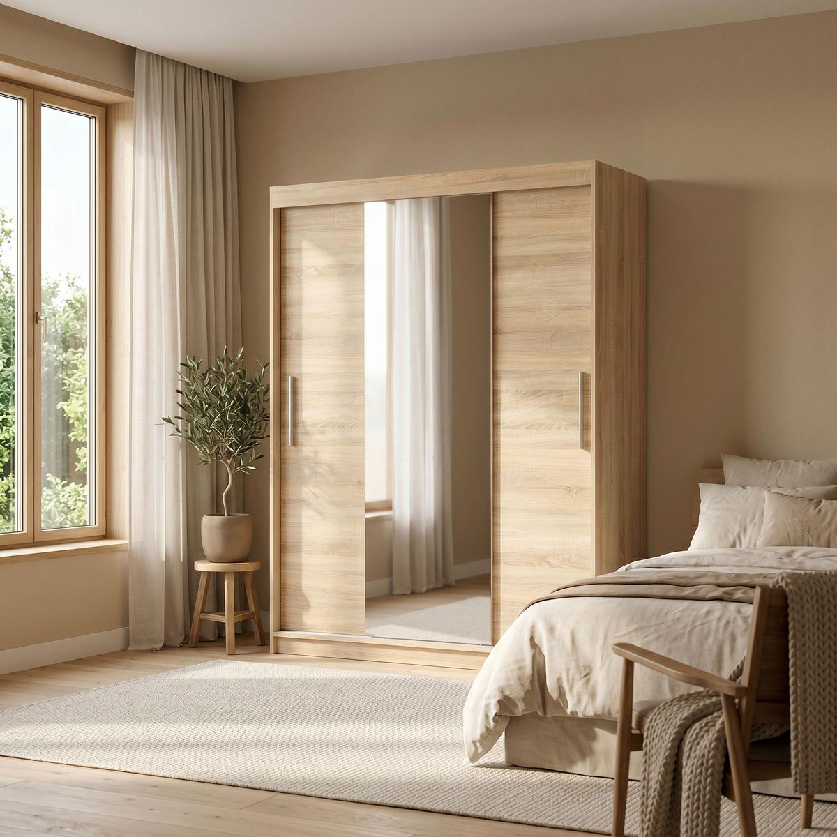 SCHWEBETÜRENSCHRANK VIVA 200/215,5/59cm 2-türig mit Spiegel Sonoma Eiche - Sonoma Eiche, Holzwerkstoff (200/215.5/59cm) - MASSENO