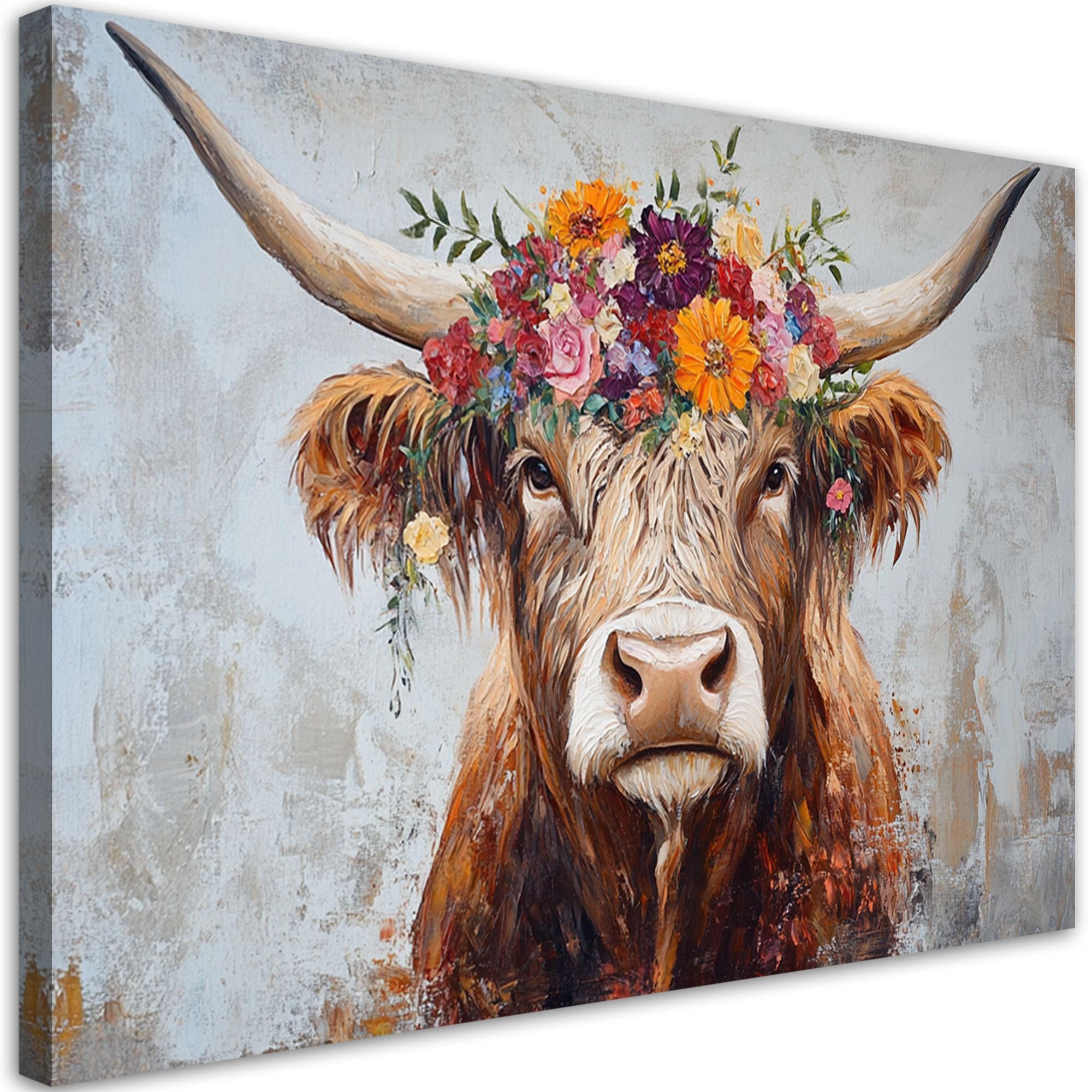 WANDBILD vintage schottische kuhblumen - Multicolor, Textil (60/40cm) - Feeby