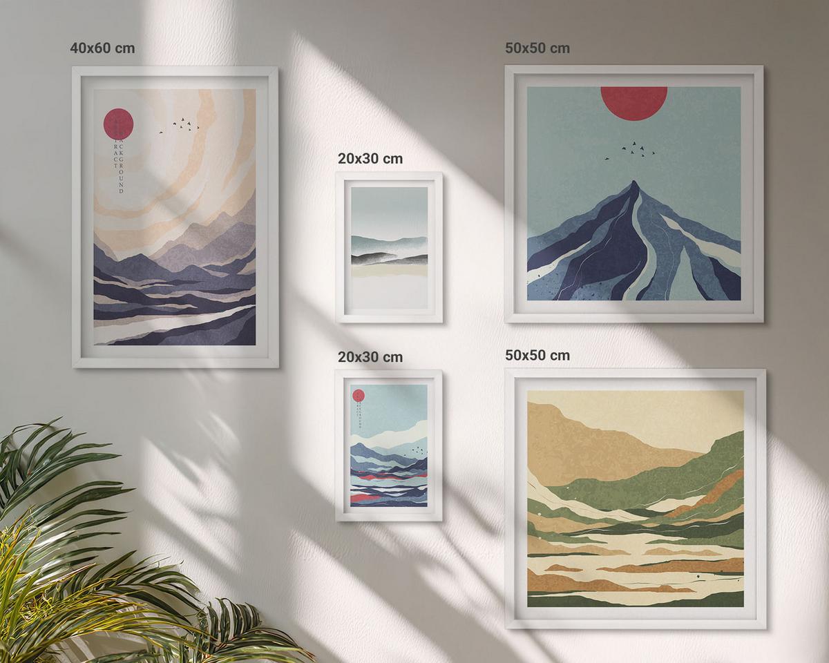 BILDER SET 5er Set - 50x50 cm & 20x30 cm & 40x60 cm Weißer Rahmen - Farbenfrohe abstrakte Flussberge - Weiß, Kunststoff (40/60cm) - TULUP