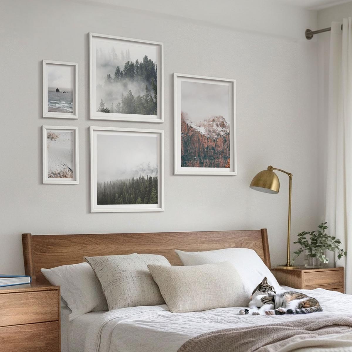 BILDER SET 5er Set - 50x50 cm & 20x30 cm & 40x60 cm Weißer Rahmen - Abstrakte Wellen, graue Pastellfarben - Weiß, Kunststoff (40/60cm) - TULUP