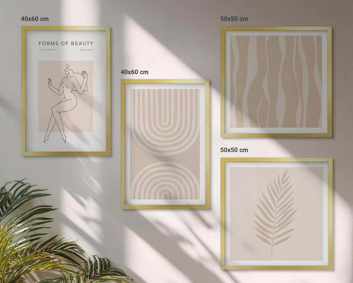 BILDER SET 4er Set - 50x50 cm & 40x60 cm Goldrahmen - Abstrakte Boho-Dekorationen - Goldfarben, Kunststoff (50/50cm) - TULUP