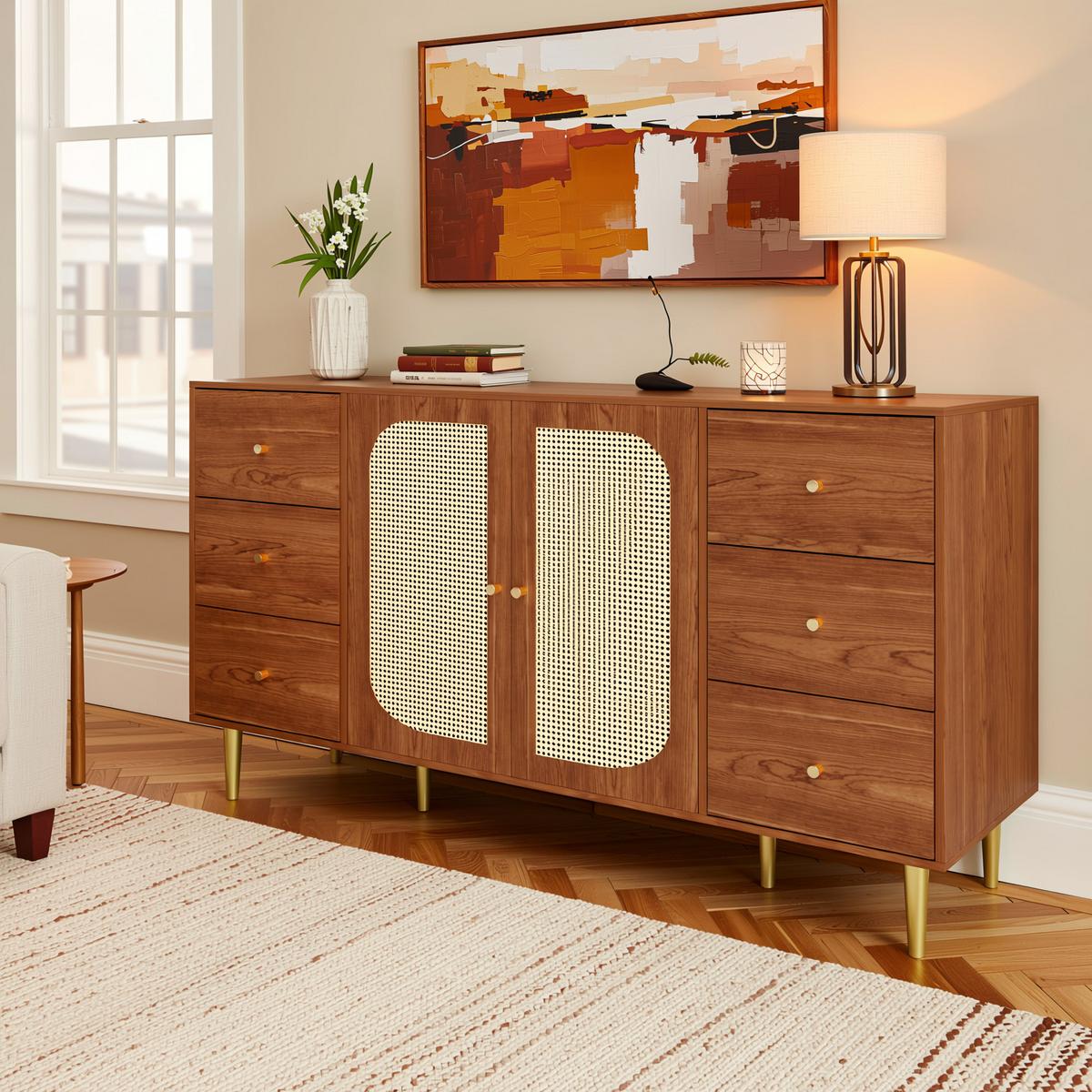 SIDEBOARD 160 cm Holzoptik & Rattan Kommode mit 6 Schubladen und 2 Türen - Eichefarben, Holzwerkstoff (160/90/40cm) - Urban Meuble