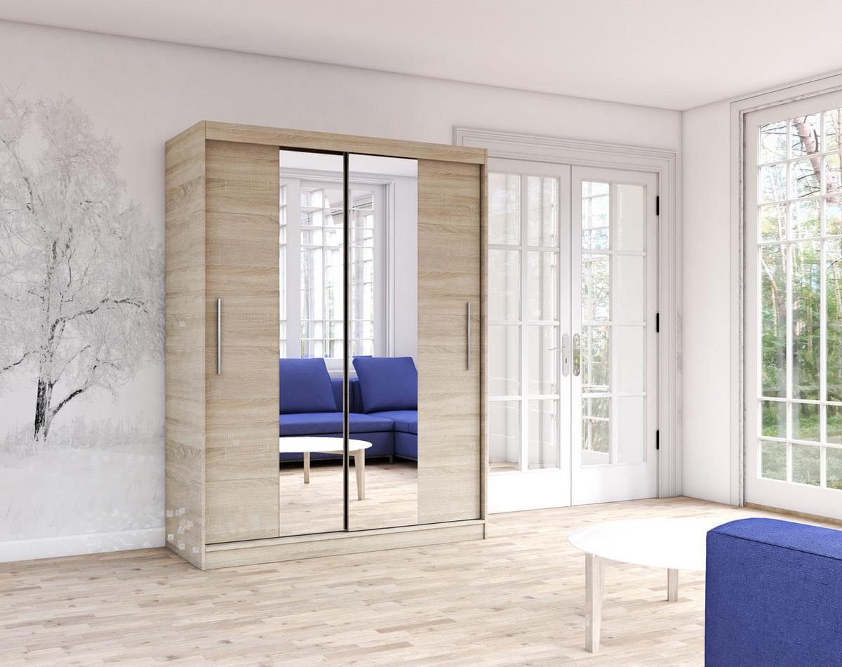 SCHWEBETÜRENSCHRANK Vista 01 Sonoma Eiche/Sonoma Eiche + Spiegel, mit LED - Beleuchtung 150 cm - Alufarben/Sonoma Eiche, Glas/Holzwerkstoff (150/200/61cm) - imoebel24