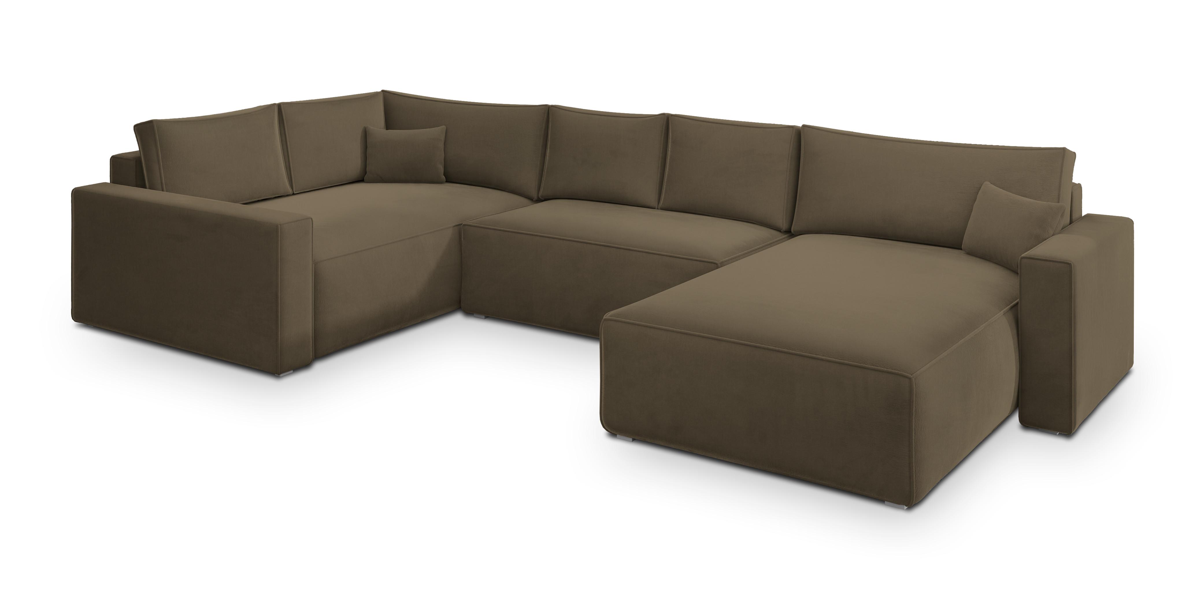 WOHNLANDSCHAFT VELAMI L-S Beige Velours-Stoff mit Schlaffunktion - Beige, Holz (365/83/194cm) - MASSENO