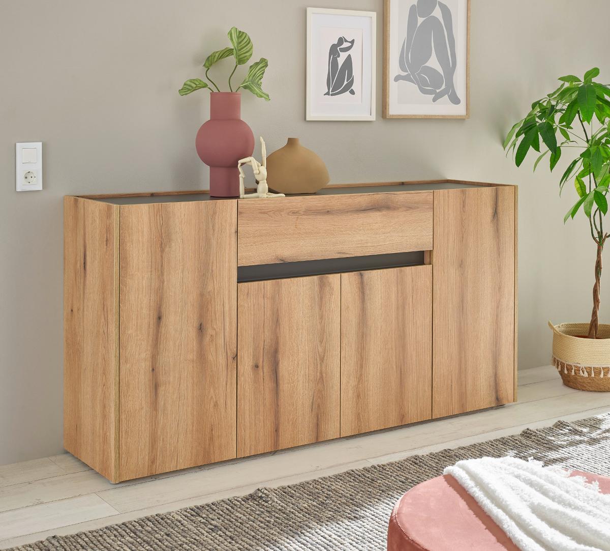 SIDEBOARD Evoke Eiche, grau 170 cm, Kommode mit viel Stauraum - Eichefarben/Schwarz, Holzwerkstoff/Kunststoff (170/87/40cm) - Furn.Design