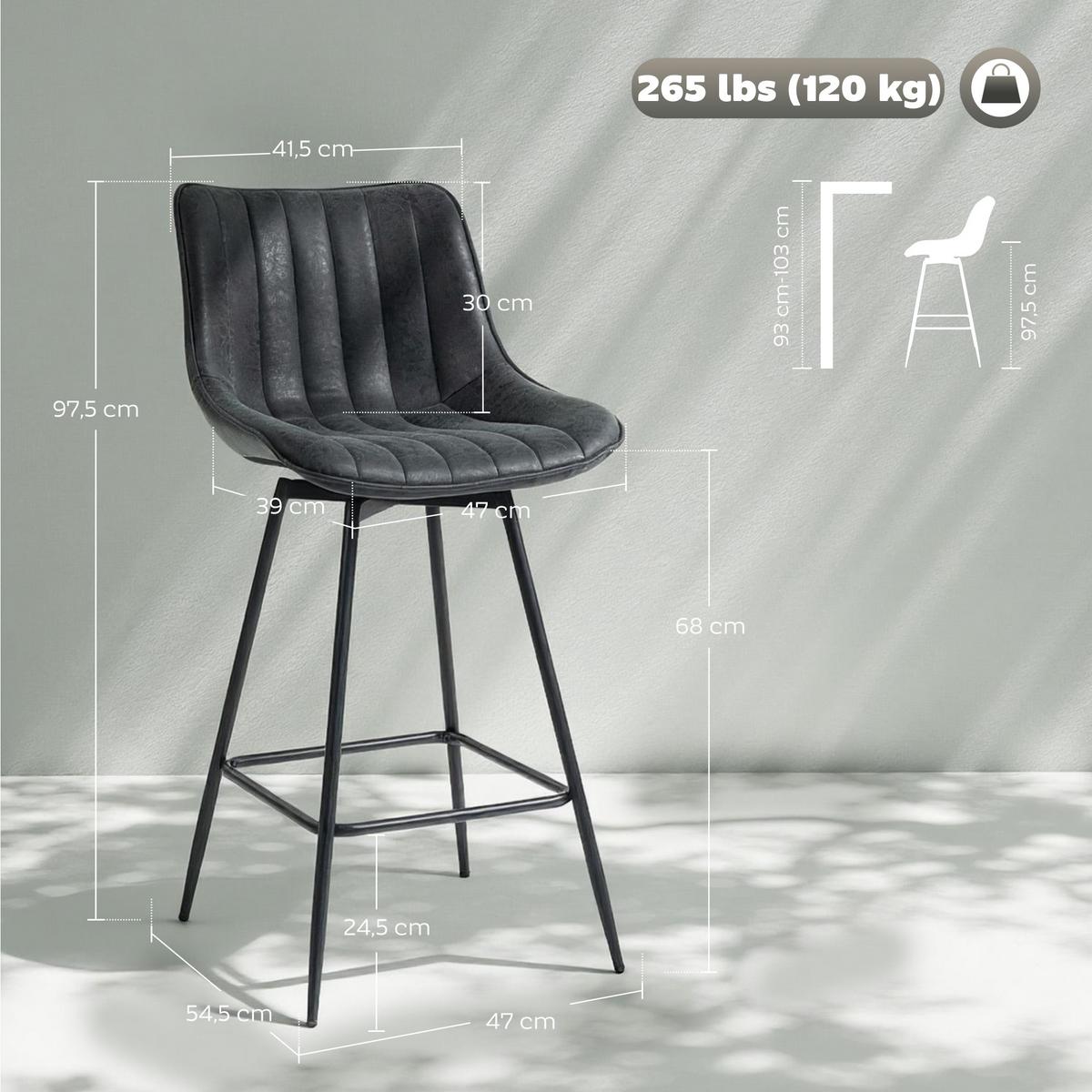 BARSTUHL 2er Set PU Schwarz - Schwarz, Kunststoff/Metall (47/97.5/54.5cm) - HOMCOM