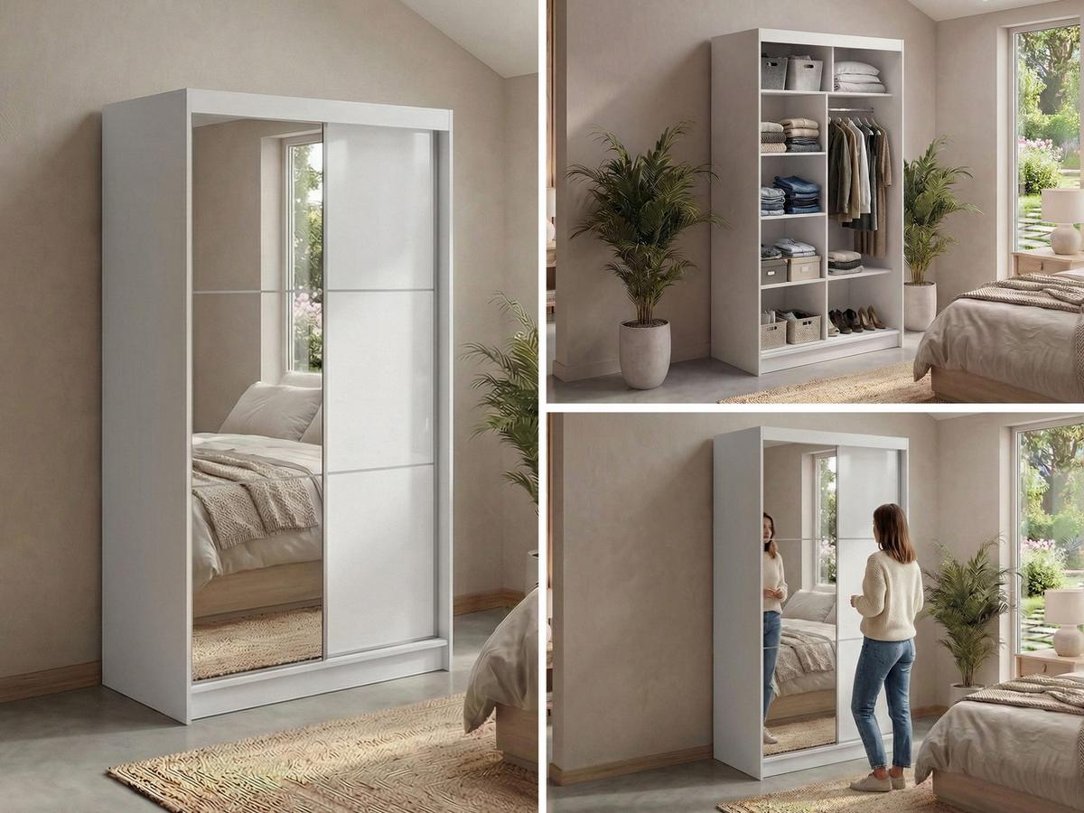 SCHWEBETÜRENSCHRANK mit Spiegel - WALENCJA - 120 - Weiß lacobel - Alufarben/Weiß, Holzwerkstoff/Metall (120/216/61cm) - MKS