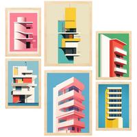 POSTER Set Mit 6 Bauhaus Rosa A3 & A4 Rahmen Aus Hellem Holz - Beige, Papier (29/3cm) - Nacnic