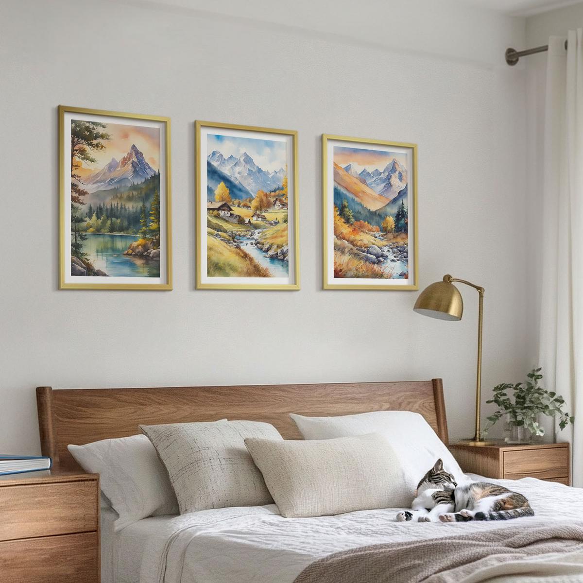 BILDER SET 3er Set - 40x60 cm Goldrahmen - Berglandschaft mit einem Fluss - Goldfarben, Kunststoff (40/60cm) - TULUP