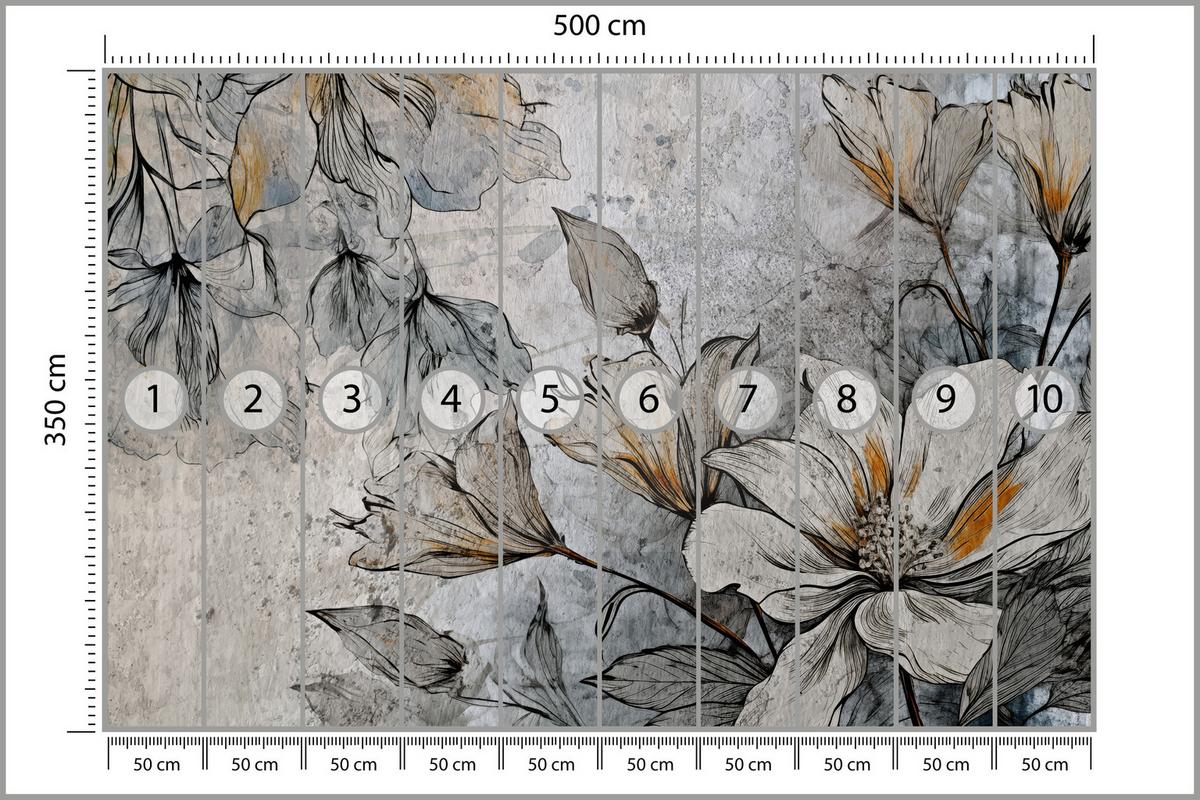 FOTOTAPETE für Büro Blumen Blätter Betongrund Vintage Pflanzen 500x350 - Grau, Papier (500/350cm) - Muralo