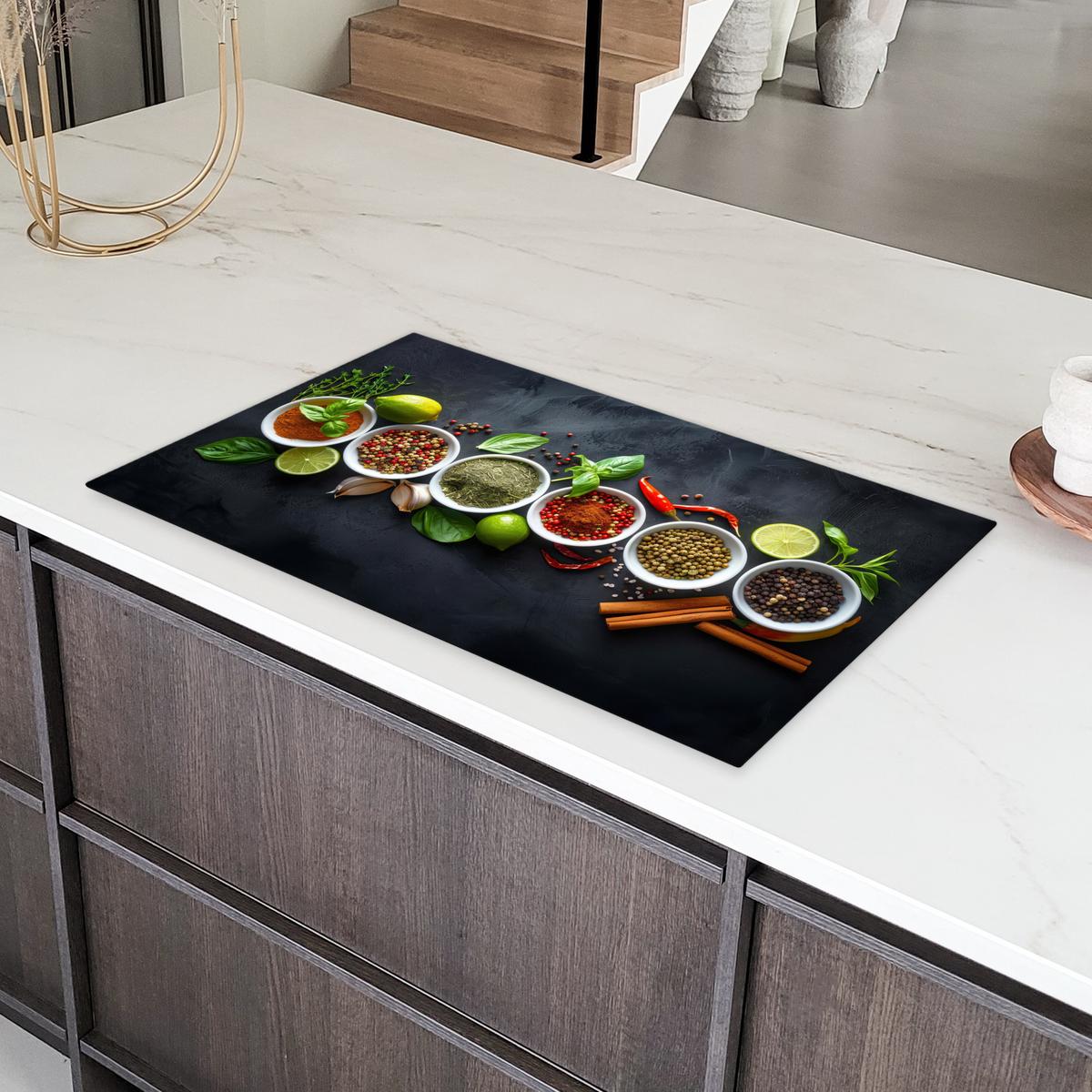 HERDABDECKPLATTE Kräuter - Gewürze - Konkrete Optik - Stilleben Ceranfeldabdeckung 90x52 cm - Multicolor, Kunststoff (90/52/0.2cm) - MuchoWow