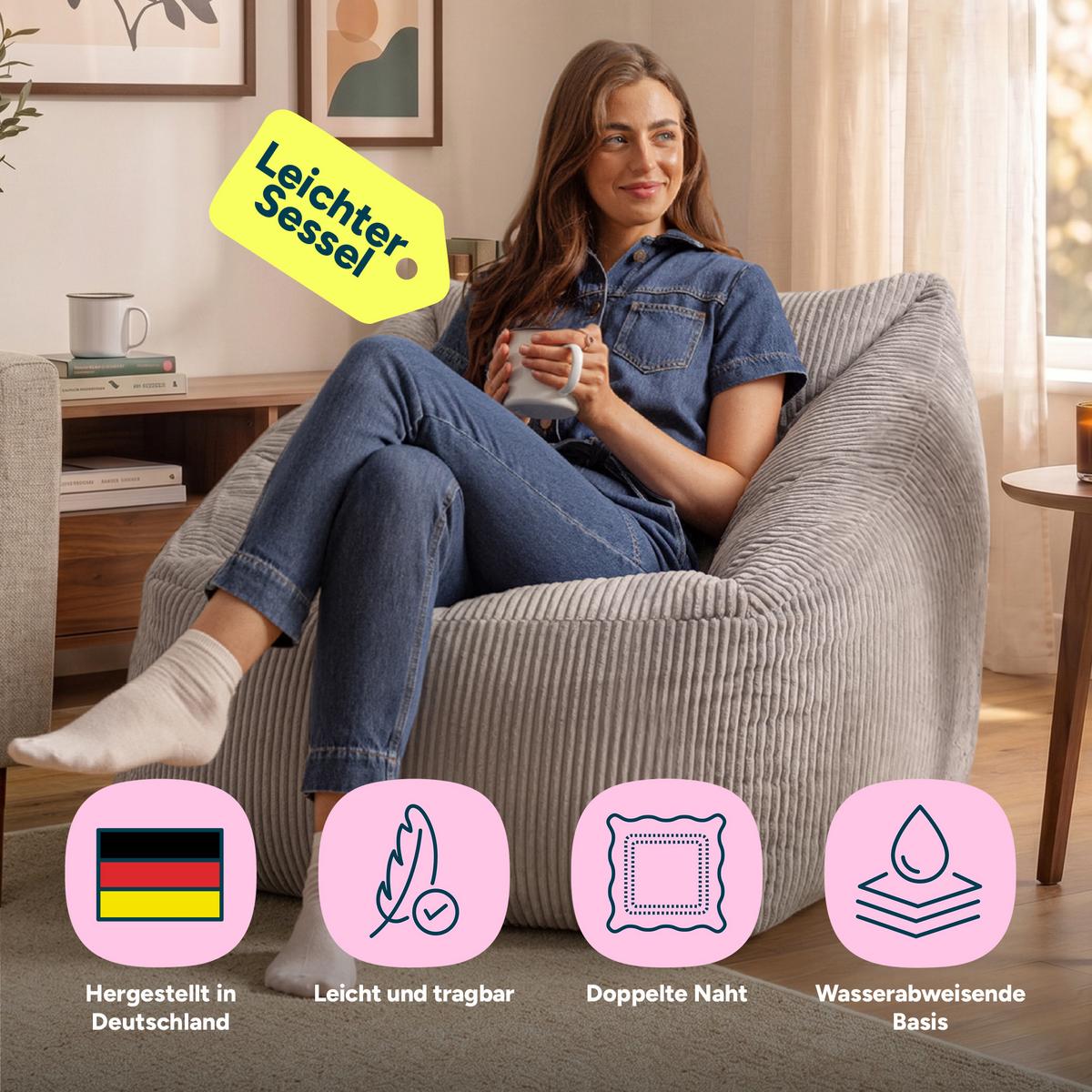 SITZSACK Cord Sessel Natalia - Hellgrau/Grau, Textil (97/73/84cm) - icon