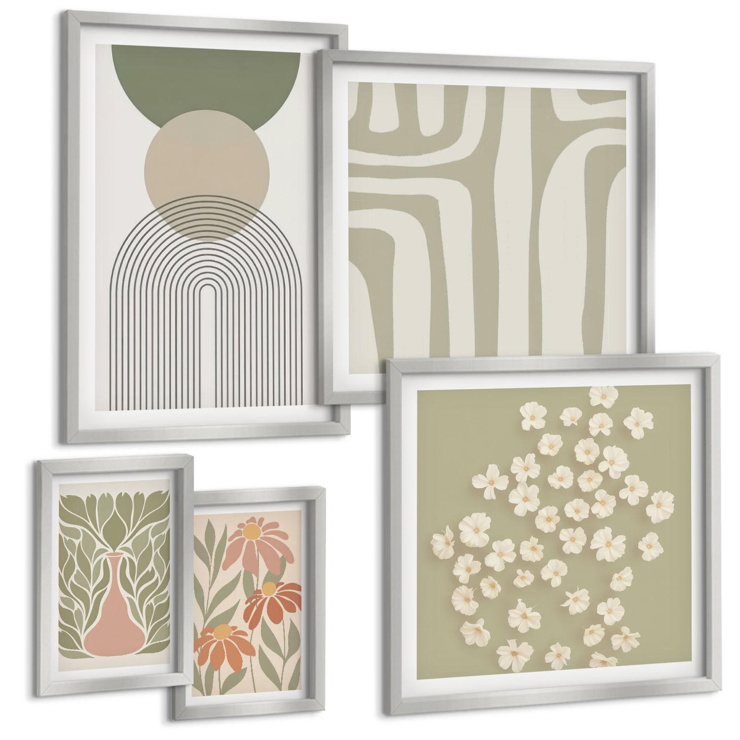 BILDER SET 5er Set - 50x50 cm & 20x30 cm & 40x60 cm Silberner Rahmen - Floraler minimalistischer Boho-Stil - Silberfarben, Kunststoff (40/60cm) - TULUP