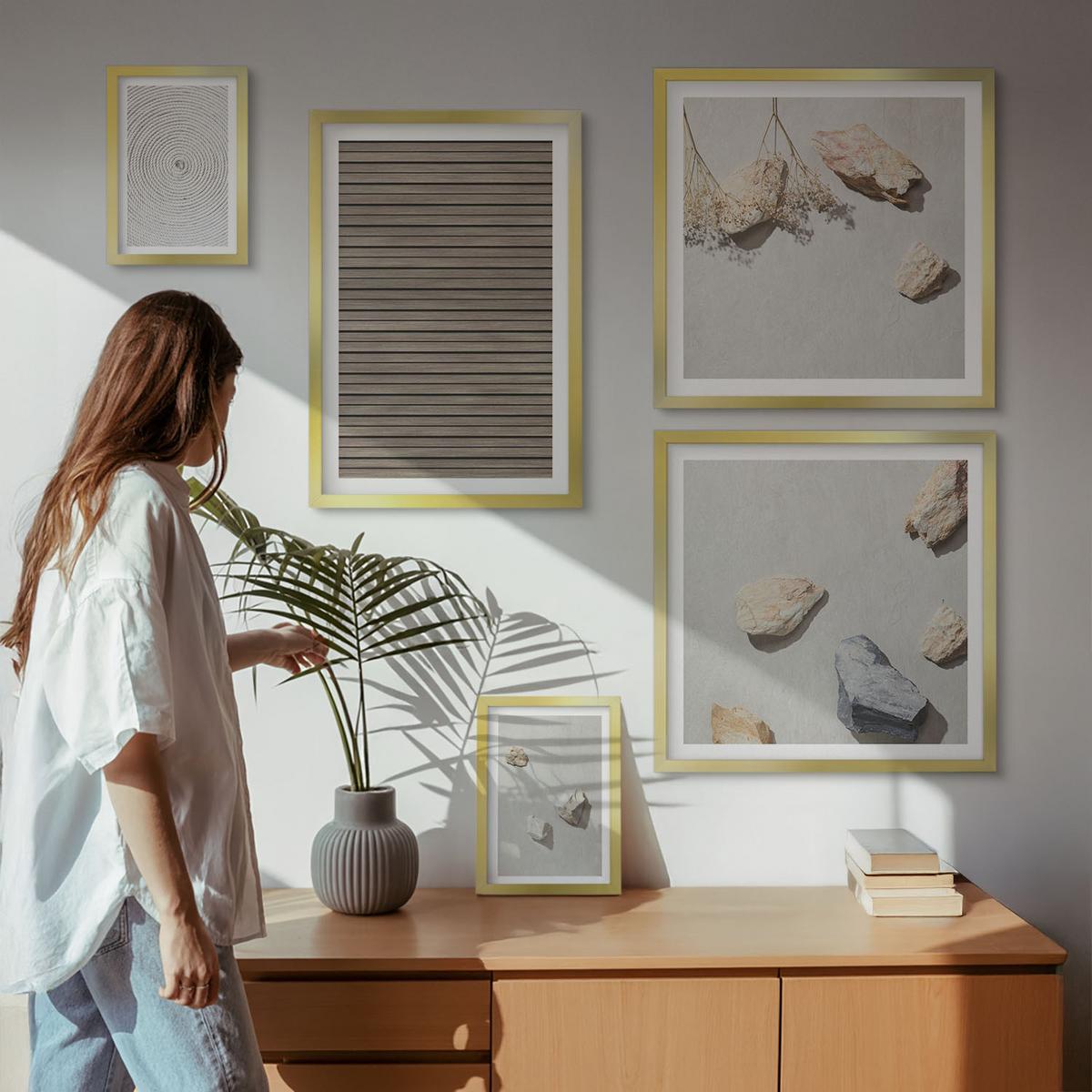 BILDER SET 5er Set - 50x50 cm & 20x30 cm & 40x60 cm Goldrahmen - Natürliche Texturen Holz Steine - Goldfarben, Kunststoff (40/60cm) - TULUP