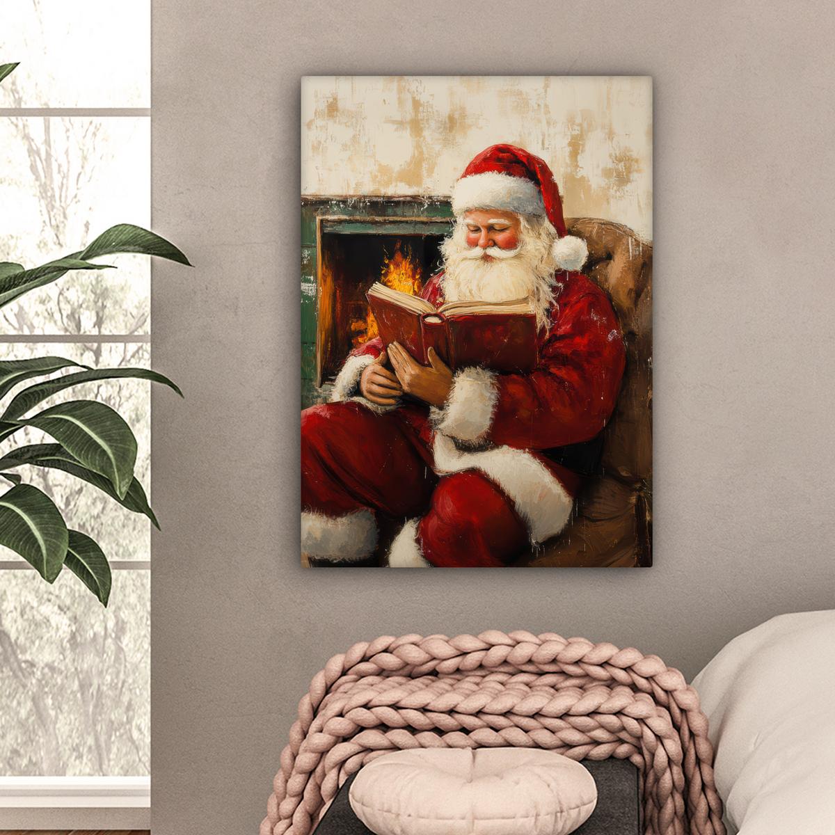 LEINWANDBILD Weihnachten - Weihnachtsmann - Winter - Open Fireside Wandbild Wohnzimmer 60x80 cm - Dunkelrot, Textil (60/80cm) - MuchoWow
