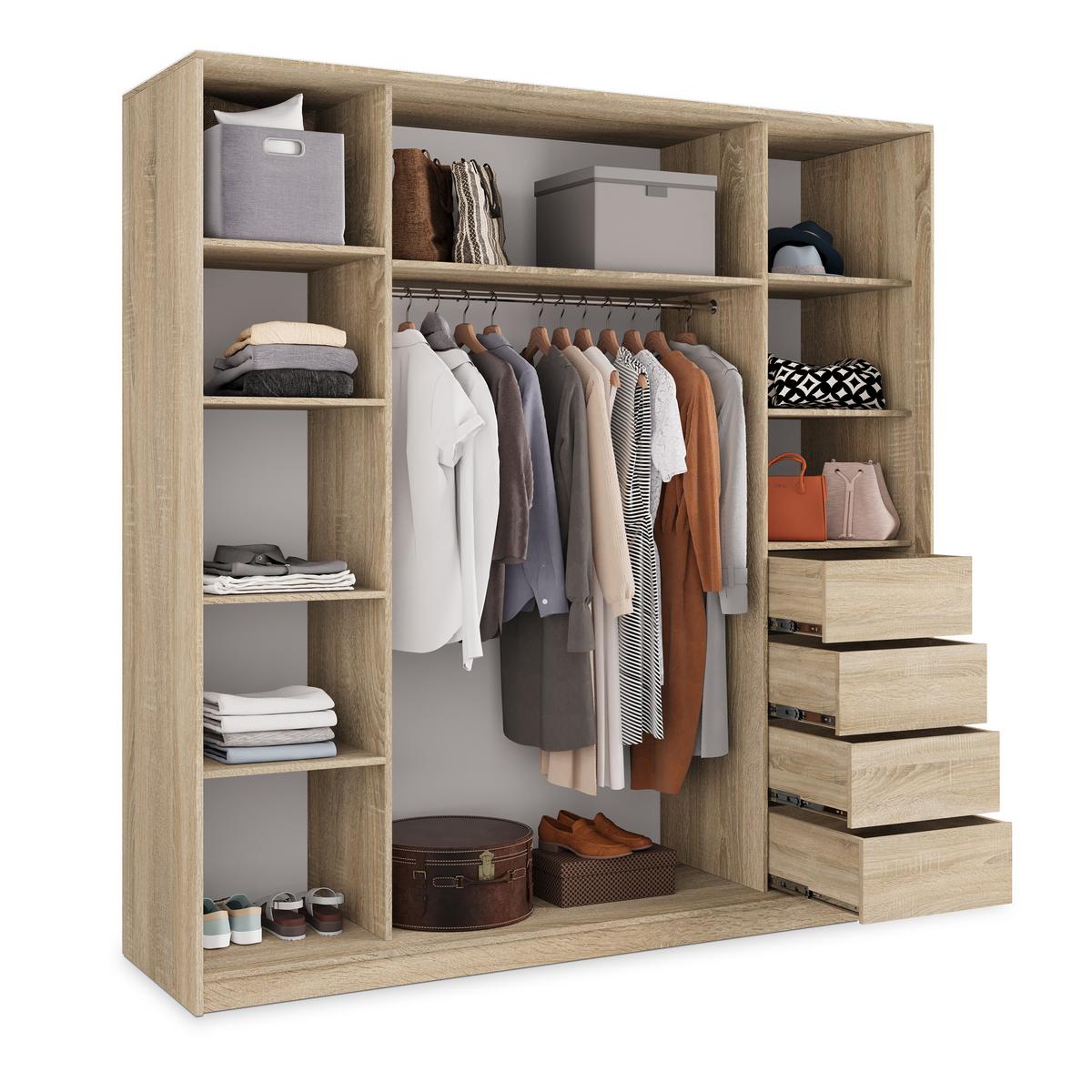 SCHWEBETÜRENSCHRANK PINA 200/205/58 cm 3-türig mit Spiegel und 4 Schubladen Sonoma Eiche - Sonoma Eiche, Holzwerkstoff (200/205/58cm) - MASSENO
