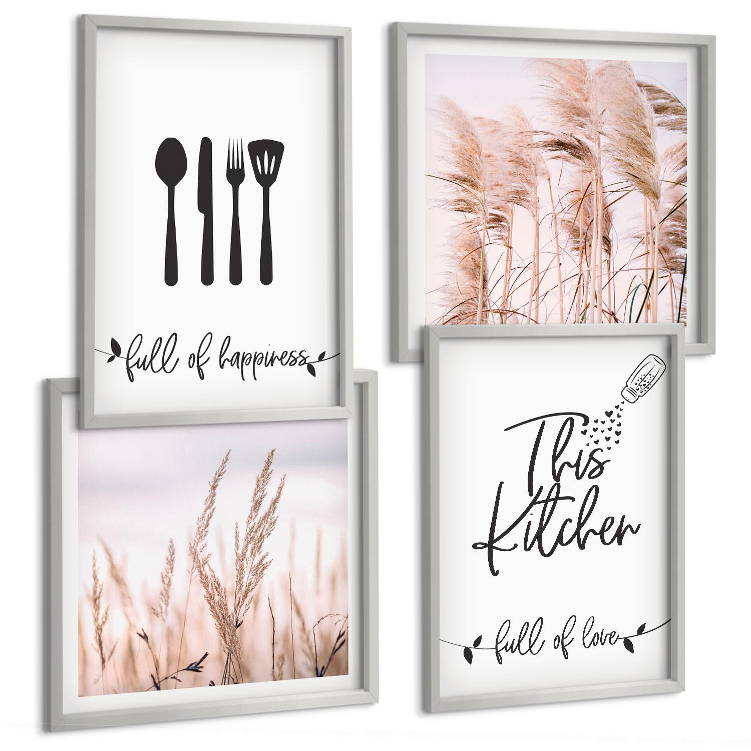 BILDER SET 4er Set - 50x50 cm & 40x60 cm Silberner Rahmen - Boho-Küchengras-Schriftzug - Silberfarben, Kunststoff (50/50cm) - TULUP