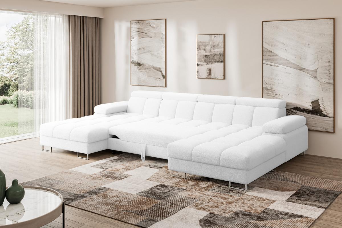 WOHNLANDSCHAFT mit Schlaffunktion und Bettkasten COMA U2 345x203x79 Weiß Bouclé - Weiß, Holzwerkstoff/Textil (345/79/203cm) - ALTDECOR