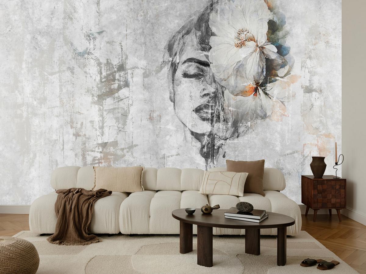 FOTOTAPETE für Schlafzimmer Frau Porträt Blume Beton Abstraktion 400x280 - Blau/Orange, Papier (400/280cm) - Muralo