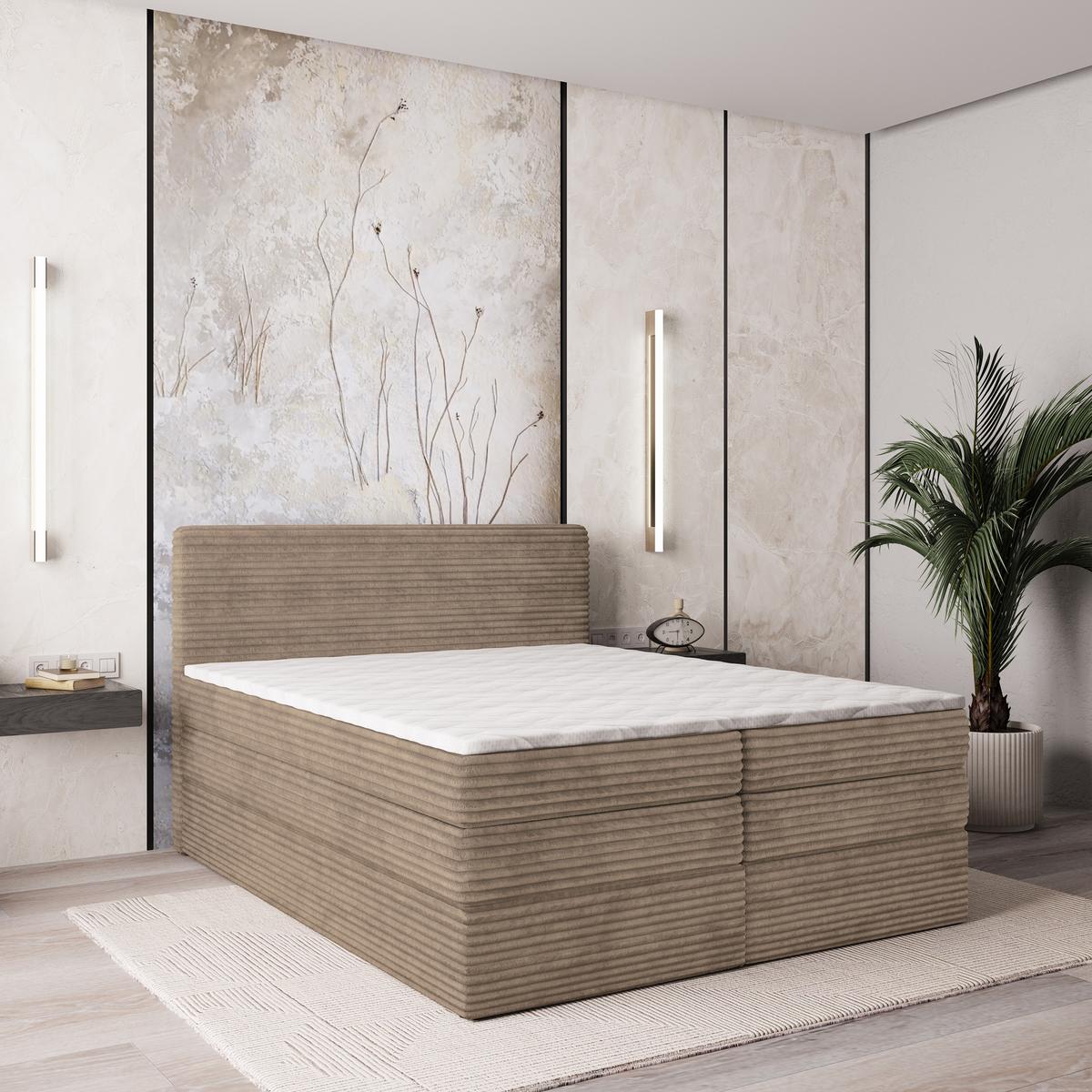 BOXSPRINGBETT LUNERA 180x200 cm mit Matratze und Topper - Beige - Beige, Holz (180/200cm) - MASSENO