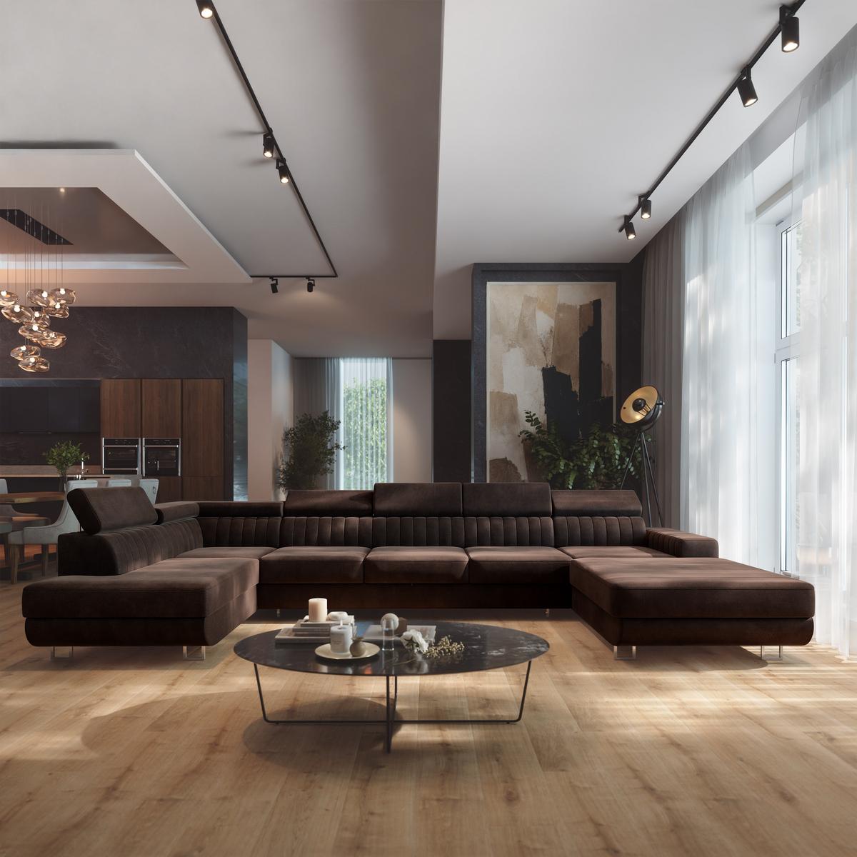 WOHNLANDSCHAFT GAIAN Braun Velours-Stoff mit Schlaffunktion - Braun, Holz (412/88/190cm) - MASSENO