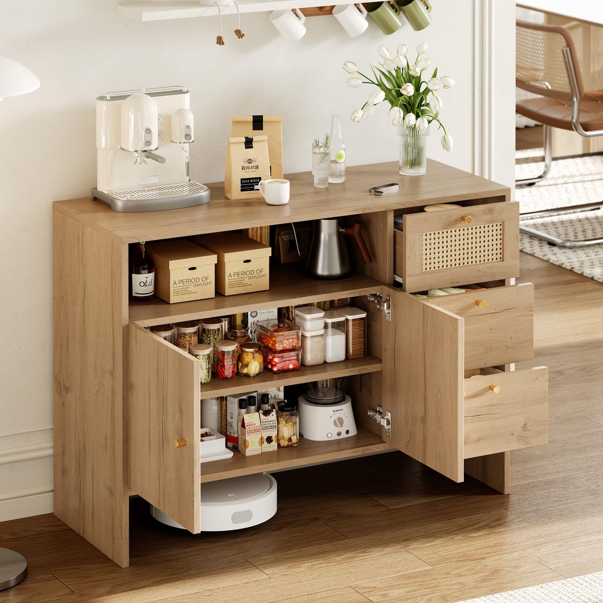 SIDEBOARD holzoptik & rattan mit 3 schubladen & 2 türen - Naturfarben, Holzwerkstoff (105/76/40cm) - Urban Meuble
