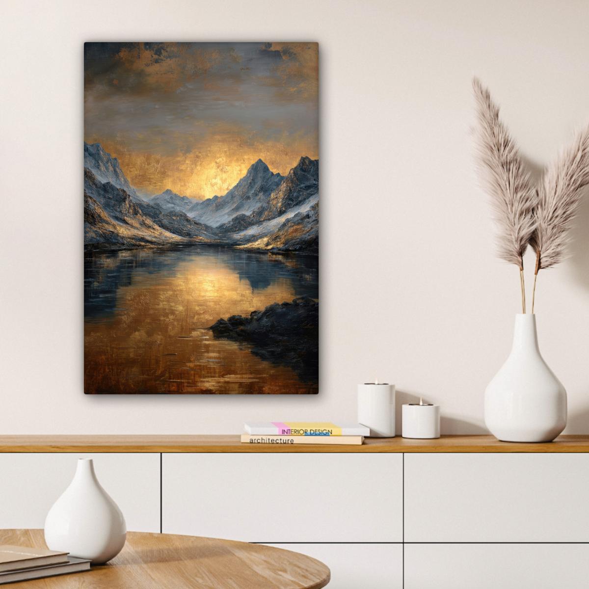 LEINWANDBILD Bergkulisse mit goldenem Sonnenuntergang Wanddeko 40x60 cm - Goldfarben, Textil (40/60cm) - MuchoWow