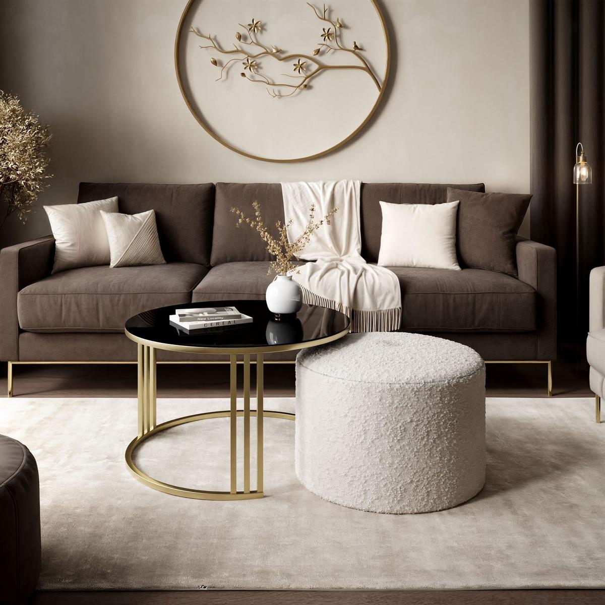 COUCHTISCH mit Hocker LORI GLASS gebürstetes Gold/schwarzes Glas/Coral 50 - Schwarz, Metall (70/70/49cm) - Lookway
