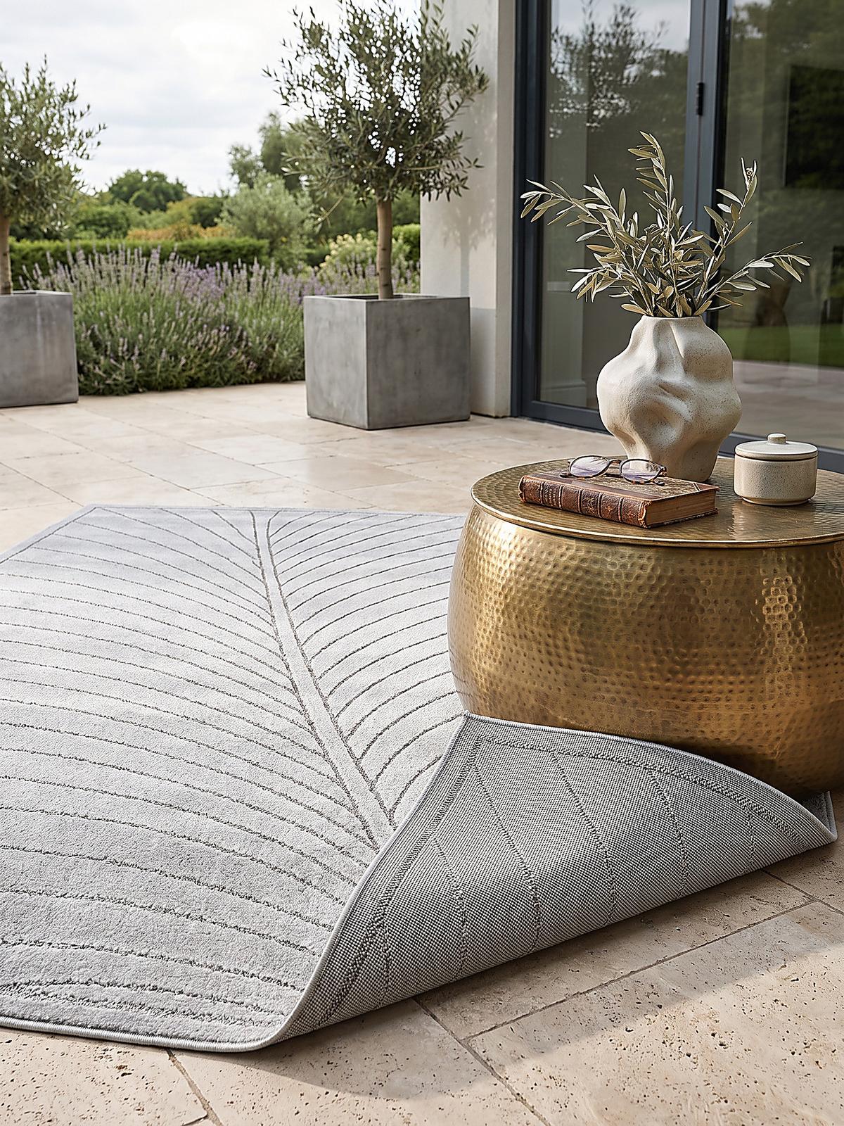 TEPPICH Outdoor, Fußbodenheizung-geeignet, mit Blattmotiv, aus Polypropylen, ENGADIN in Silbergrau, 120 x 170 cm - Grau, Textil (120/170cm) - KADIMA DESIGN