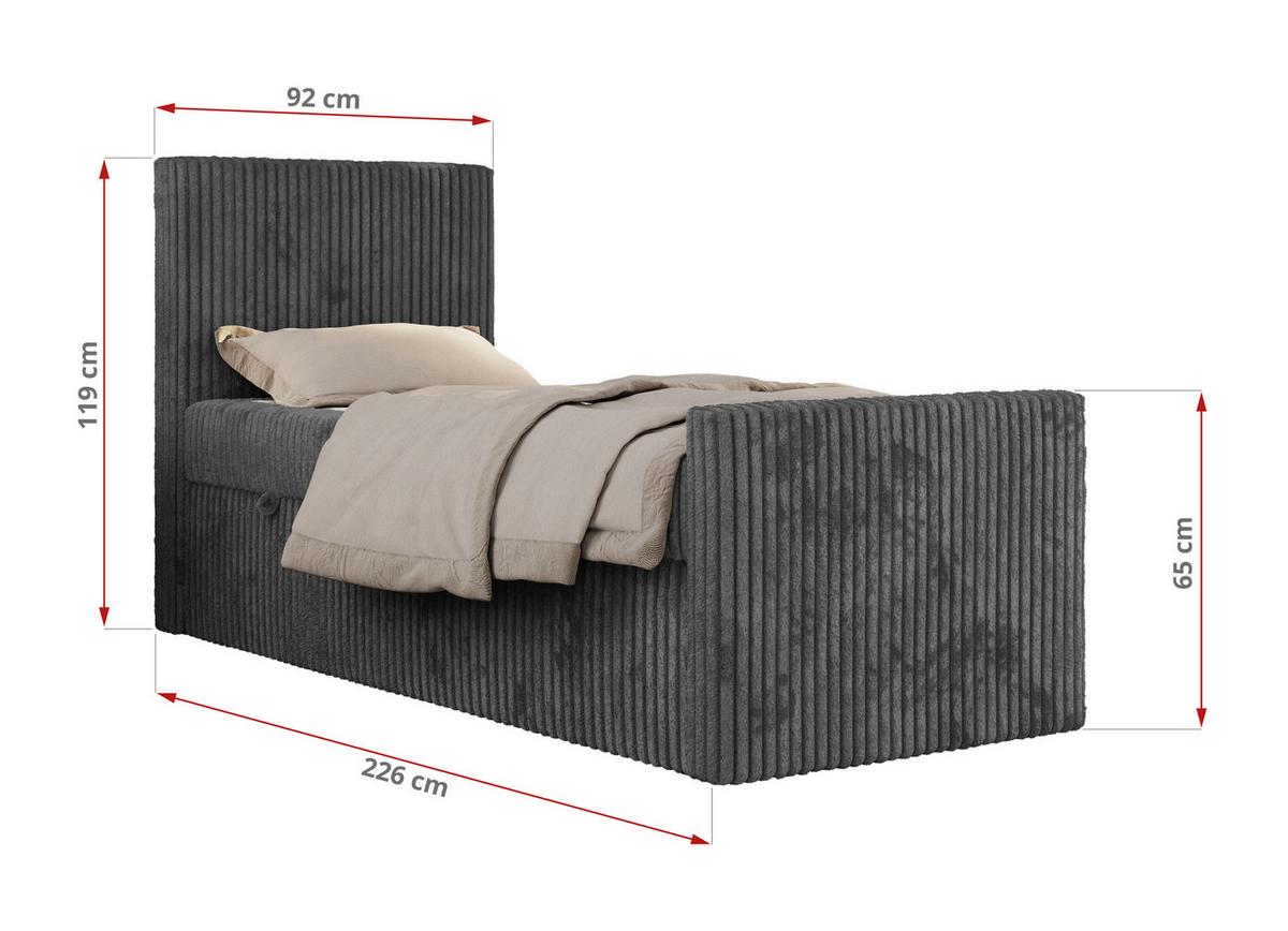 JUGENDBETT TILIO DUO 90/200 - Grau Cord - H4 - Rechts Seite - Grau, Textil (200/90cm) - MKS