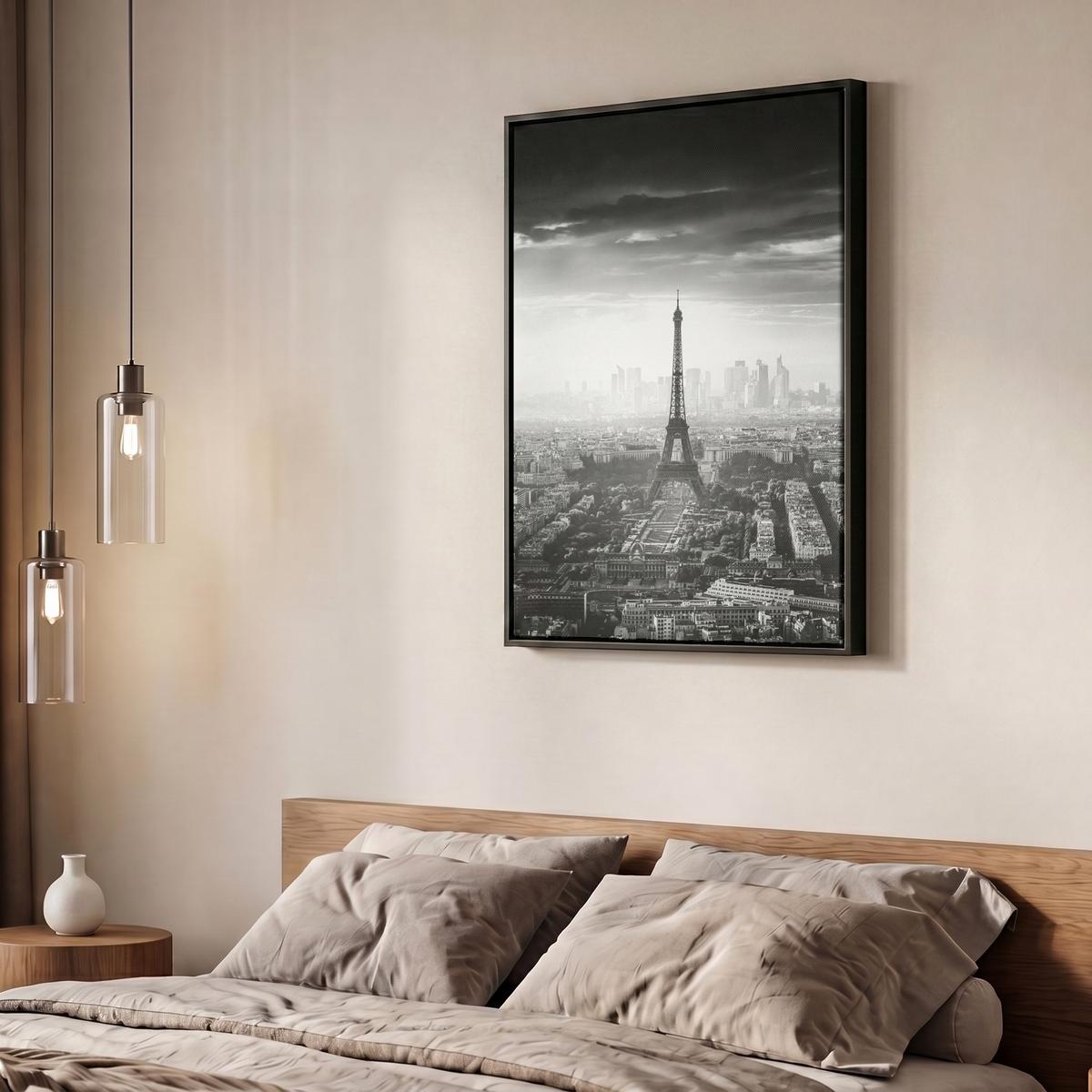 LEINWAND Bilder mit Rahmen - Paris - Skyline - Eiffelturm - Stadt - Wolken - 60x80 - Dunkelgrau, Textil (60/80cm) - MuchoWow