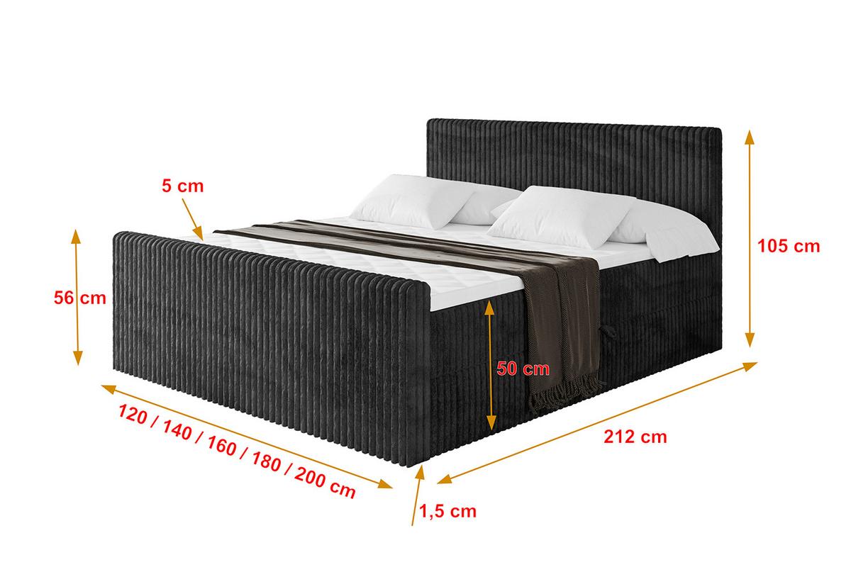 BOXBETT mit Matratze H3 und Lattenrost - TOLO-Z - 140x200 Cord - Schwarz - Schwarz, Holzwerkstoff (140/200cm) - ALTDECOR