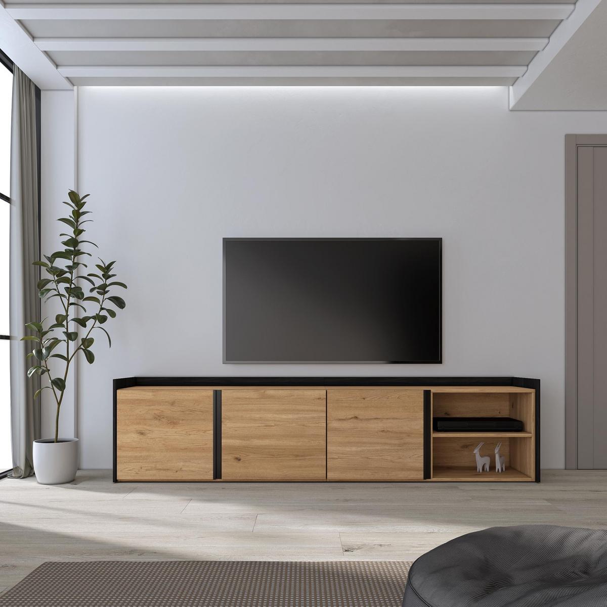 LOWBOARD, Eiche und Schwarz, 207/35/50cm - Braun, Holzwerkstoff (207/50/35cm) - Skraut Home