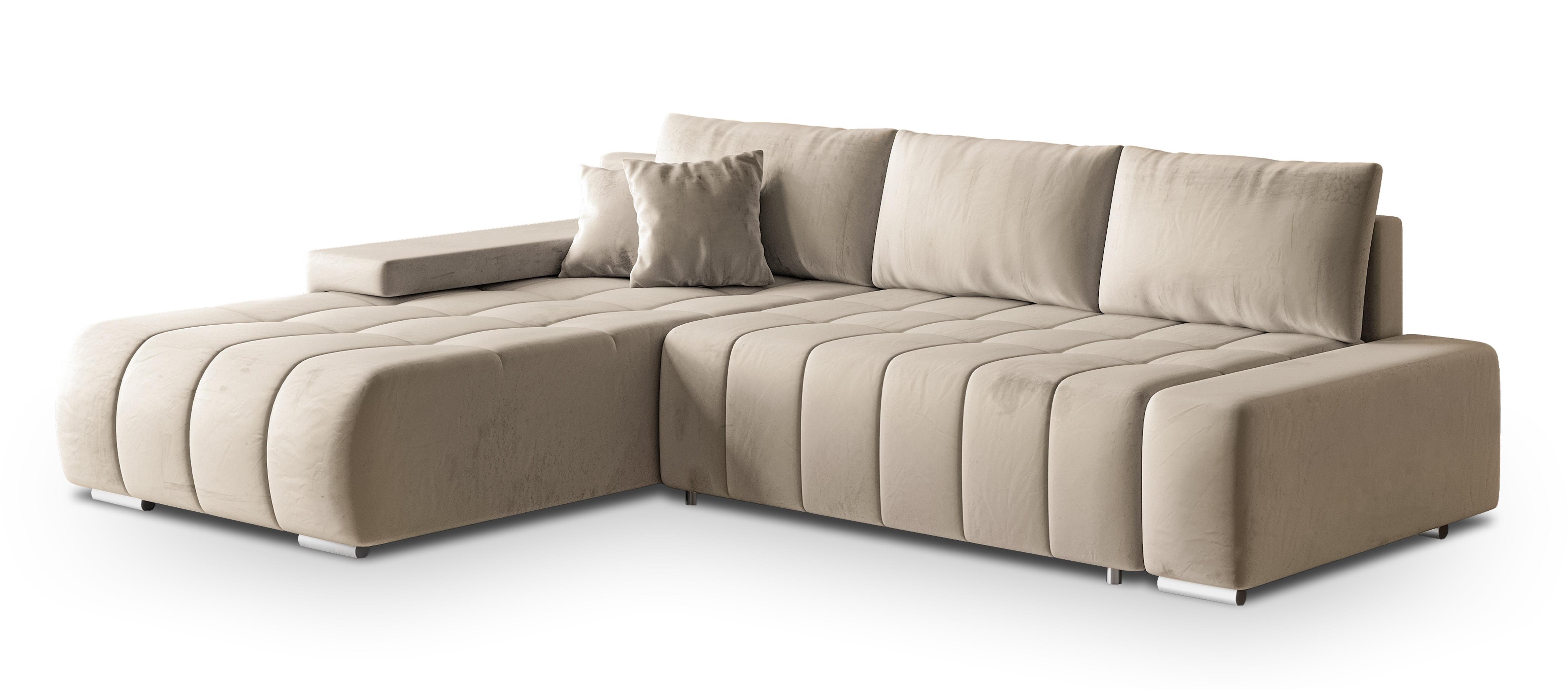 ECKSOFA ALESE L-S Creme Velours-Stoff mit Schlaffunktion - Silberfarben/Creme, Holz/Textil (265/185cm) - MASSENO
