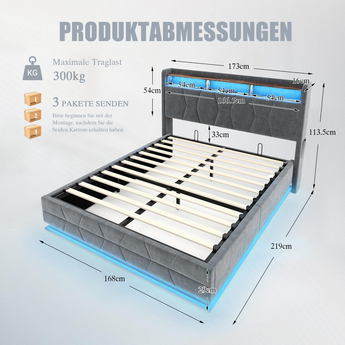 POLSTERBETT samt dunkelgrau 160x200 cm mit led-beleuchtung & usb-ladestation - Dunkelgrau, Textil (160/200cm) - Urban Meuble